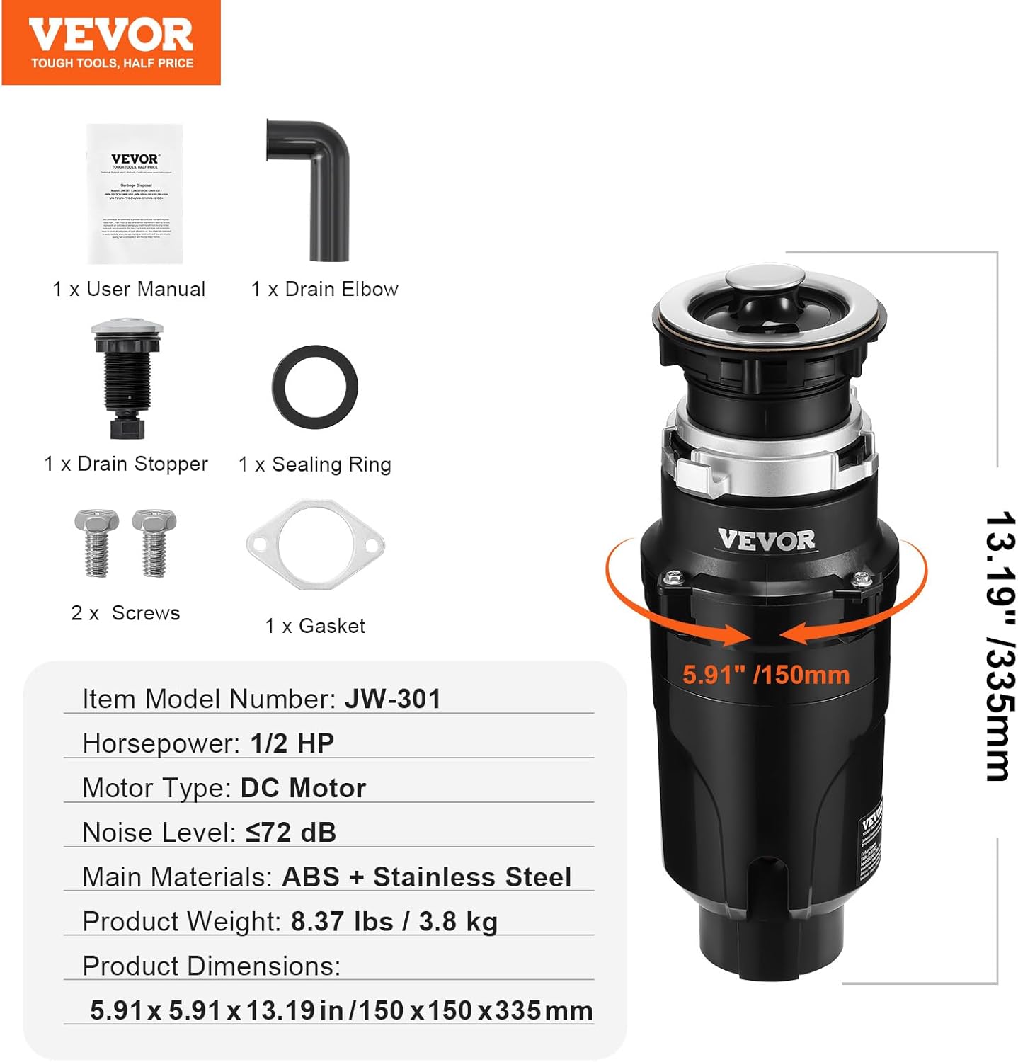 VEVOR Garbage Disposal, 1/2HP 3450RPM Continuous Feed Food Waste Disposer, EZ Connect Food Waste Grinding System with Power Cord & Splash Guard for Kitchen Sinks