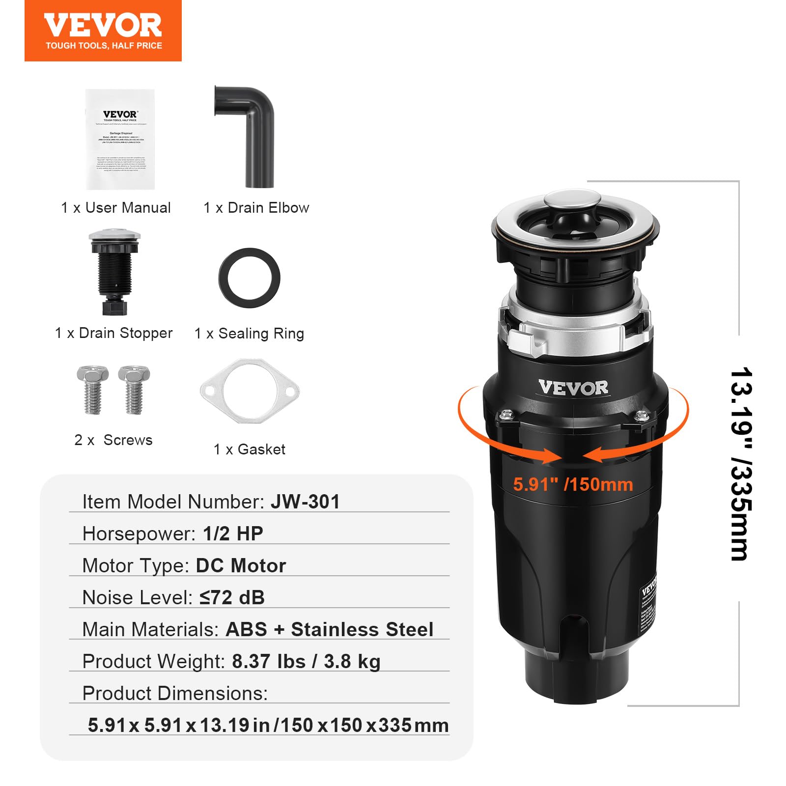 VEVOR Triturador de Basura para Fregadero de Cocina, 1/2 HP, Sistema de Eliminación de Residuos de Alimentos, 3820 RPM, con Cable de Alimentación, para el Hogar, Cocina, 150 x 150 x 335 mm, Negro
