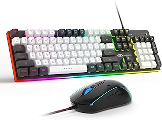 Gaming Mechanical Feel Keyboard and Mouse combo,Brushed Aluminum Panel Edge RGB Backlight Gaming Keyboard and DPI Mouse with PBT Keycaps for Windows Laptop PC Xbox PS4 (Black & White)