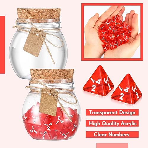 Miniatura 3 de Wettarn 120 dados D4 transparentes rojos D4, 6 piezas de botella de poción de plástico con tapas de corcho, juego de dados poliédricos para