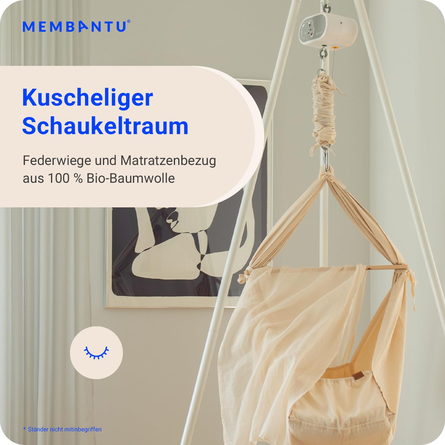 Federwiege Baby inkl. Feder - Baby-Wiege aus Bio-Baumwolle - Baby-Hängematte mit Deckenaufhängung bis max 15kg - Baby-Hängewiege mit Matratze, Baldachin und Federwiege-Motor
