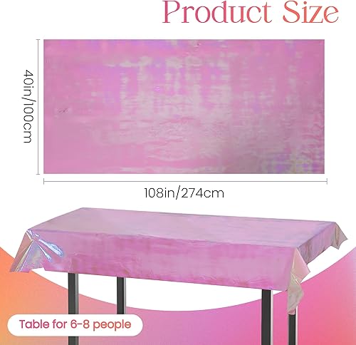Miniatura 2 de Mantel iridiscente rosa de 2 piezas, 40 x 108 pulgadas, desechables con láser brillante, manteles de plástico con purpurina, mantel iridiscente