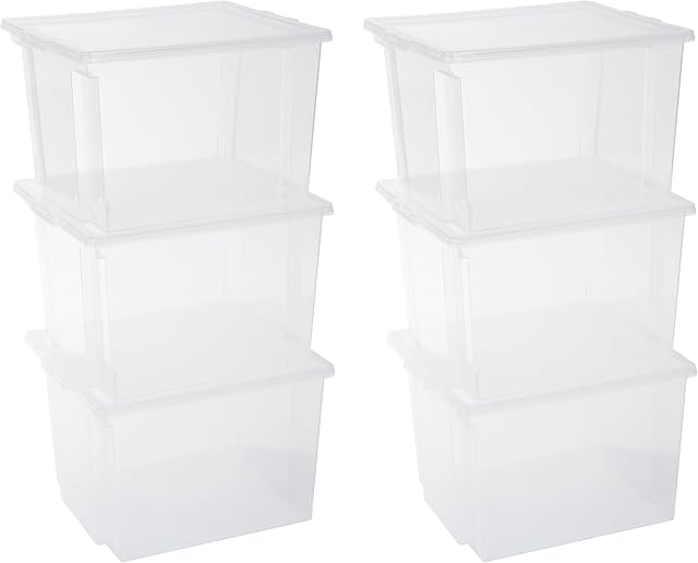 Iris Ohyama, Set of 6, Storage boxes, 30 L with lid, stackable, Garage, bedroom, living room - Useful Storage Box USB-M - Transparent