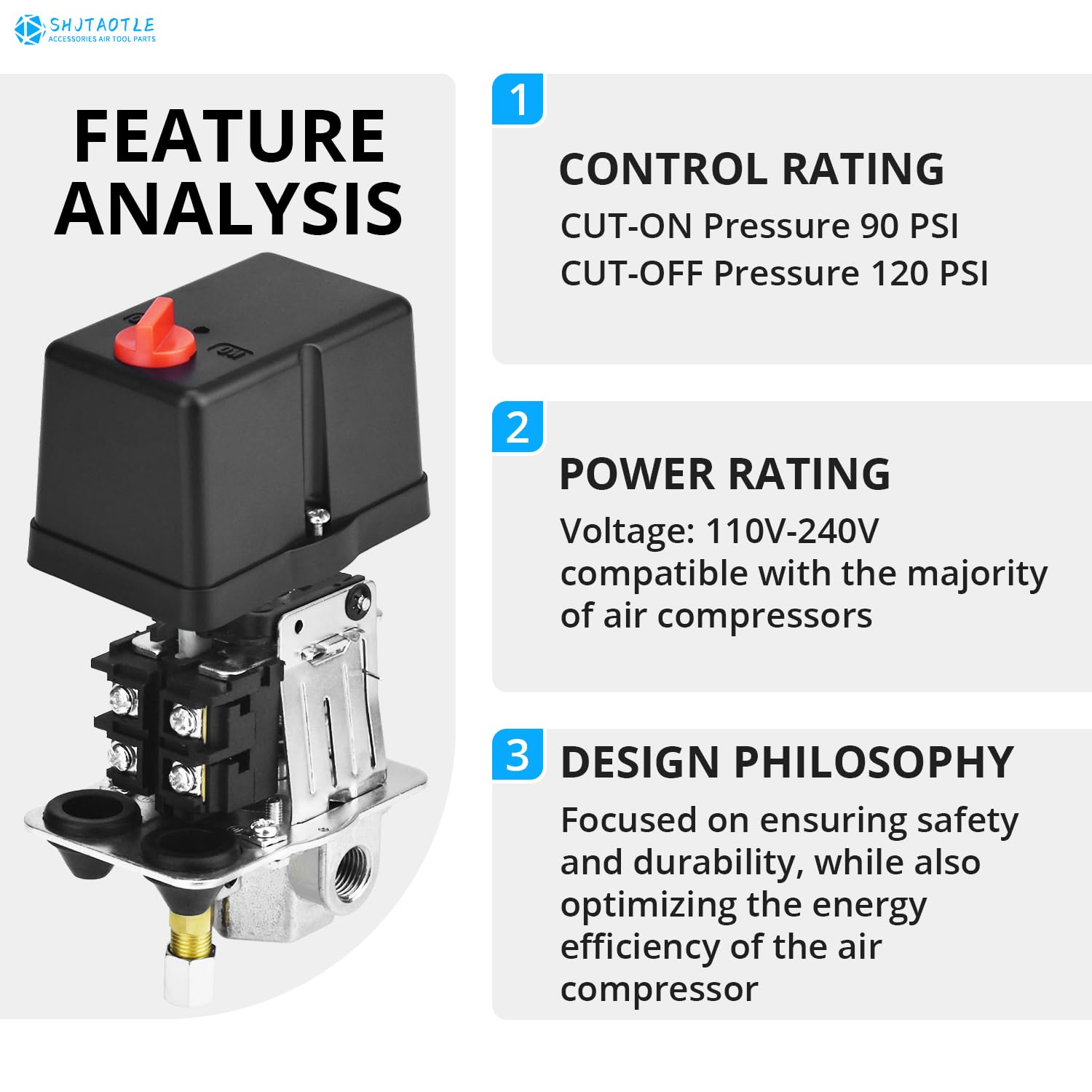 Válvula de control universal del interruptor de presión del compresor de aire (90-120 PSI, 110V-240V) con regulador de 0-180 PSI y válvula de alivio de presión de seguridad, pieza de repuesto de 4