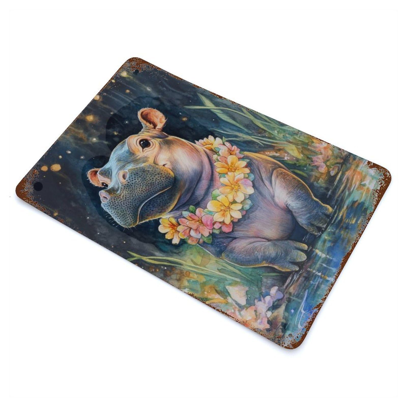 Smiling Hippo with Flowers Vintage Metal Tin Sign 11.8"x7.9", Ideal for Cafe, Home Bar And Lounge Decor