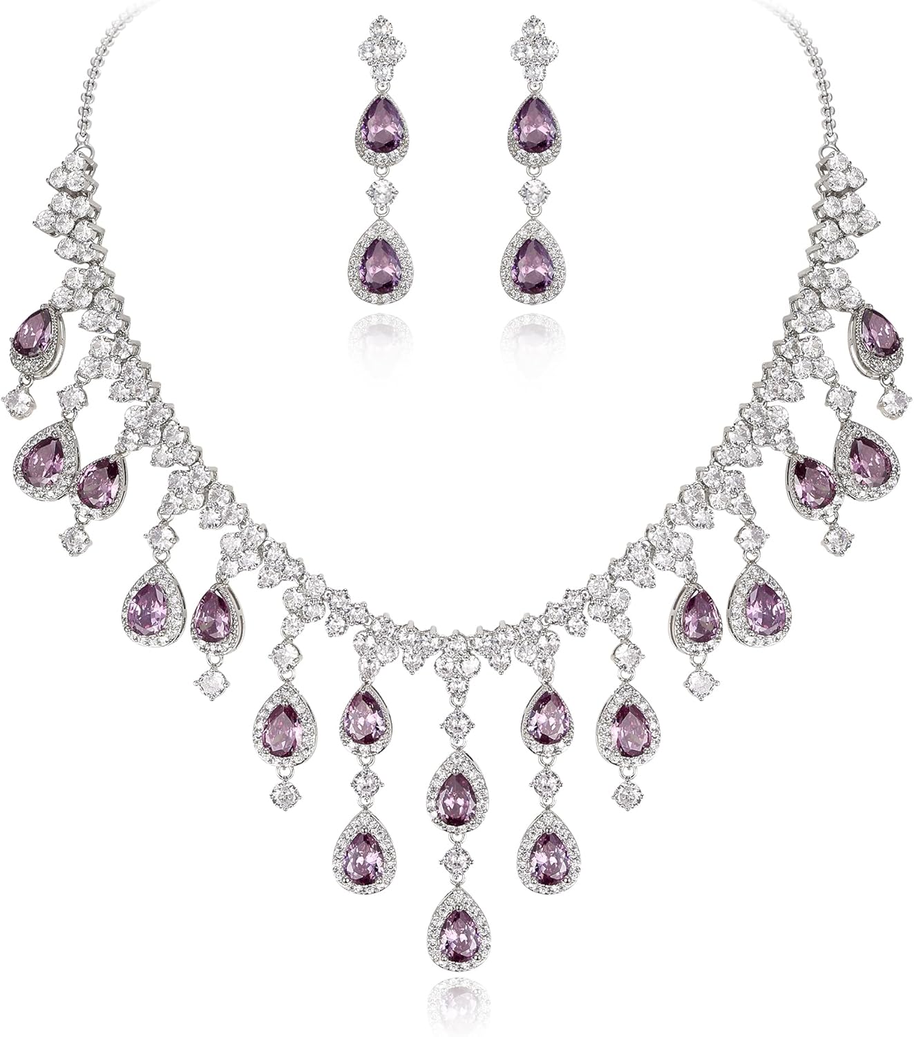 EVER FAITH Women's Cubic Zirconia Gorgeous Water Drop Dangle Necklace Earrings Set Silver-Tone