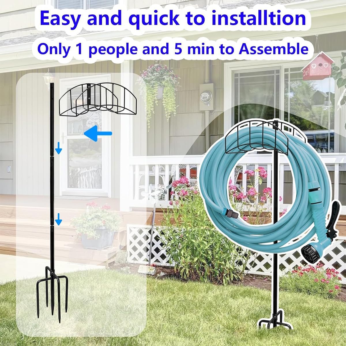 2Pack New Garden Hose Holder with Upgrade 5 Prongs Base Freestanding Holds 150FT Hose Heavy Duty Water Hose Stand Sturdy Detachable Hose Stand Black(Excluding Hoses)