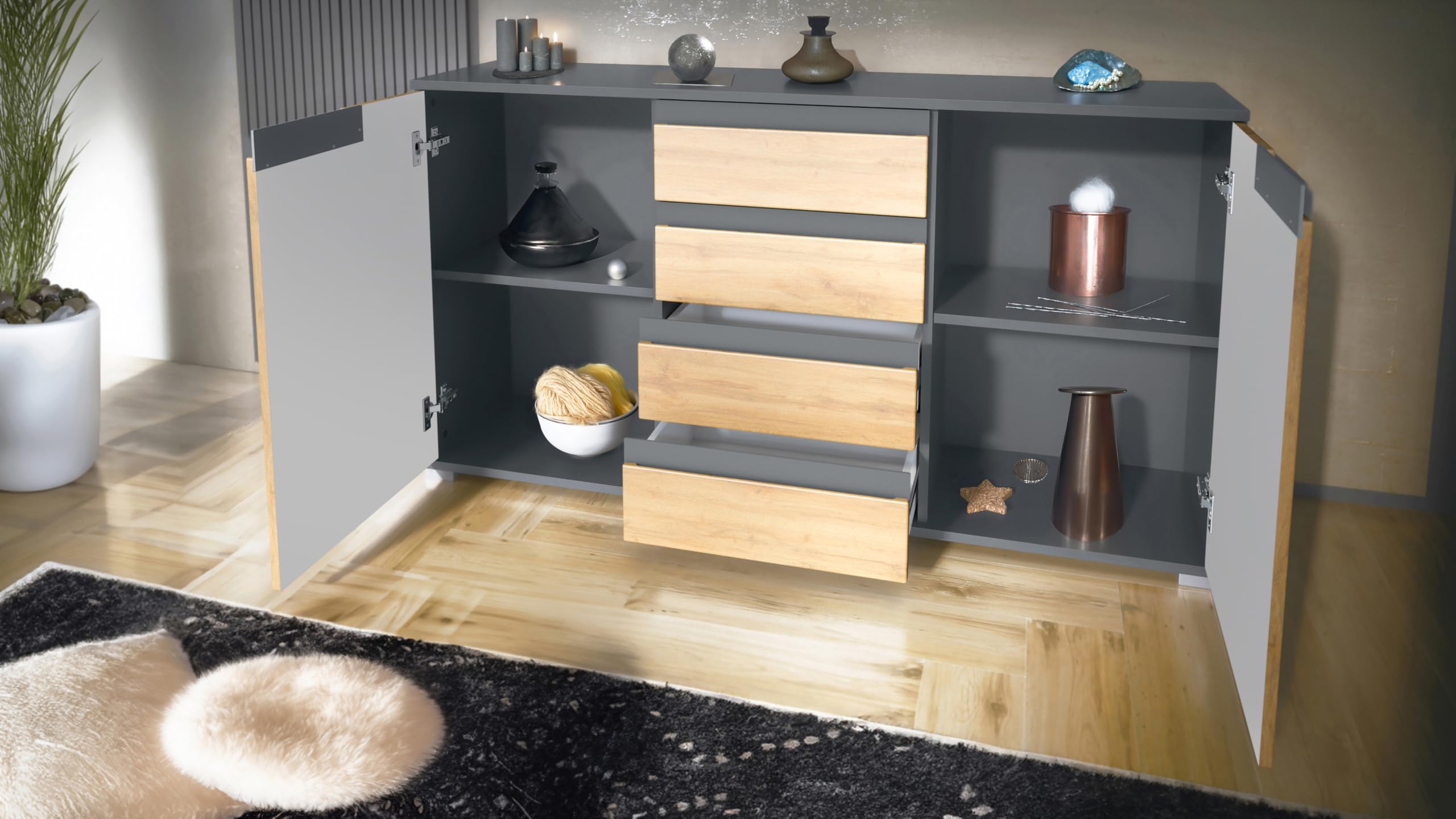 Vladon Sideboard Sylt V1, Kommode mit 2 Türen und 4 Schubladen, Korpus - Anthrazit matt/Front - Eiche sägerau/Absetzung - Schwarz Hochglanz (138,5 x 75,5 x 35 cm)