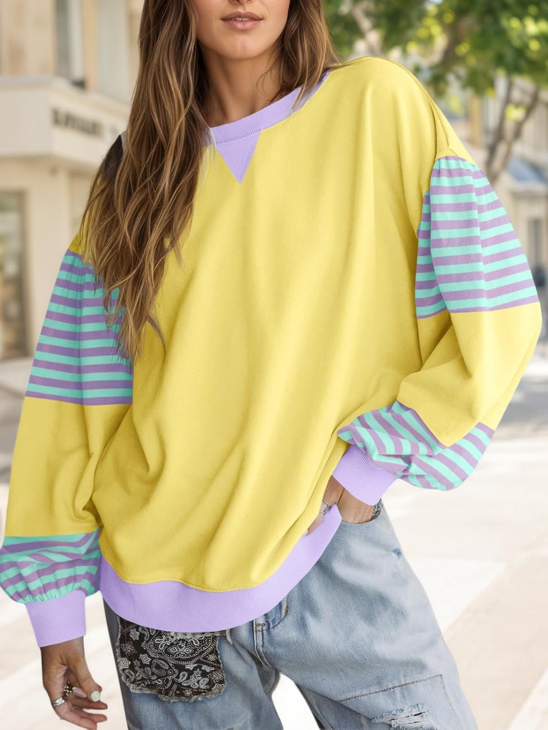 Fisoew Womens Color Block Oversized Sweatshirt Casual Lantern Long Sleeve Crewneck Striped Pullover Tops Fall Outfits - Image 3