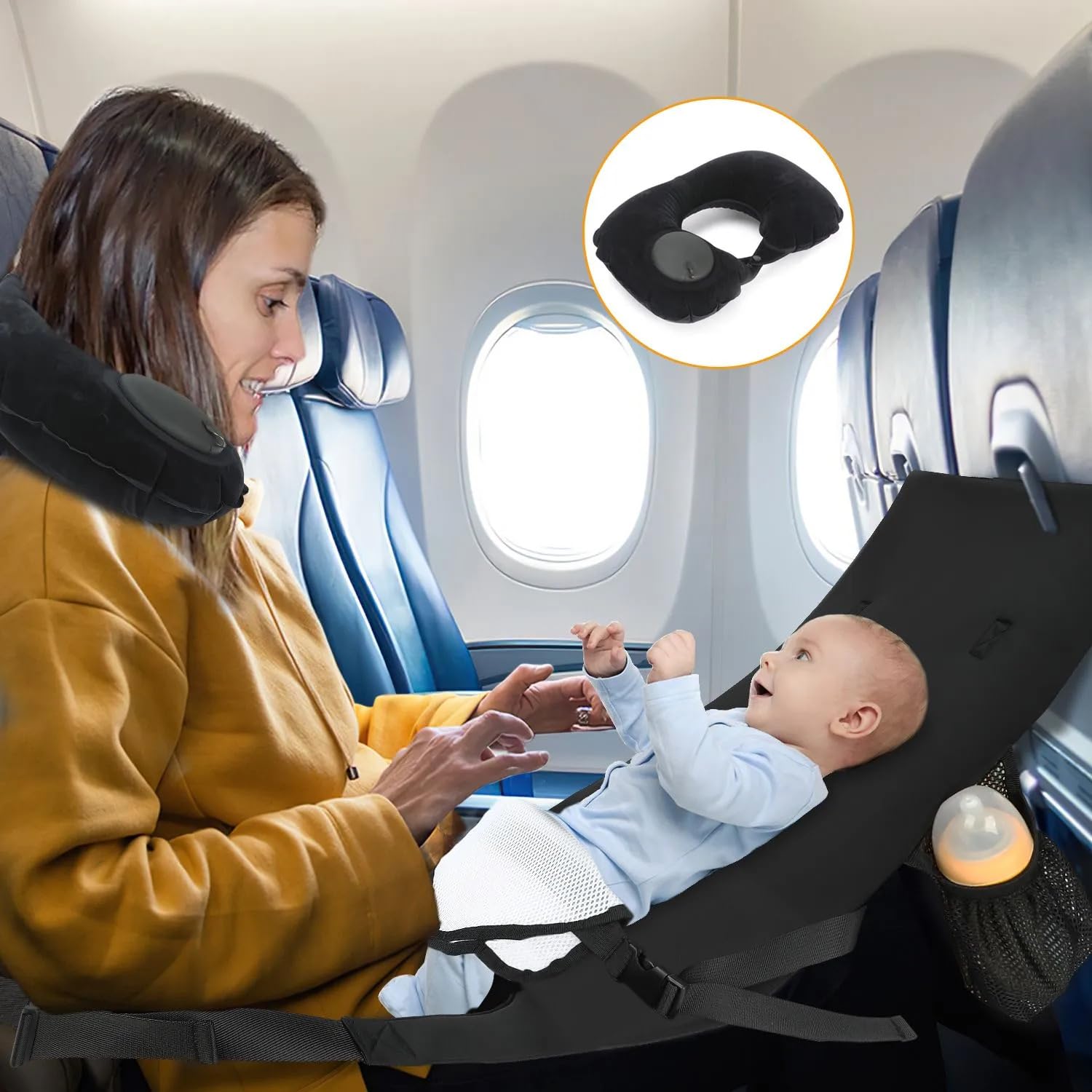 Toddler Airplane Seat Extender & Travel Bed with Neck Pillow – Baby Travel Essentials for Flying – Fits Economy Seats - todller Travel Bed - Baby Flight Bed on Lap, Baby seat Extender - Black Color