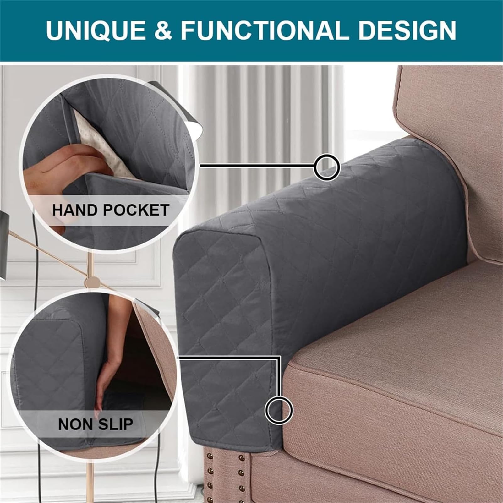 Armlehnenbezüge für Sofa, Armlehne Stuhlhussen, Sesselbezug Mit Taschen Für Fernsehsessel, für Sessel, Sofa, Armkappen, Wasserdicht rutschfest Armkappen (Grau,2 Stück)