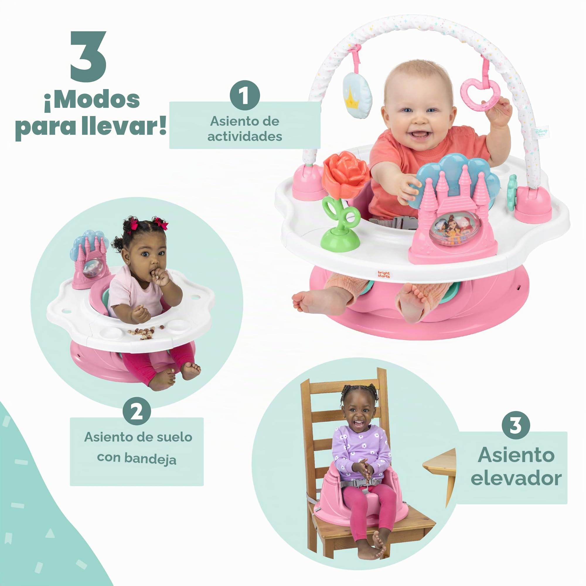 Bright Starts, SuperSeat Disney Princesas, Silla para Bebés para Sentarse, Jugar y Comer, Rosa, Para 4 Meses a 4 Años