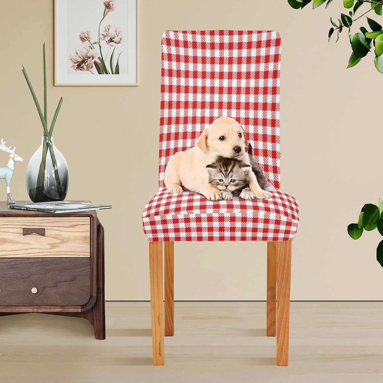 Red and White Checkered Italian Style Chair Covers for Dining Room Set of 4, Removable Stretch Chair Seat Covers Washable Kitchen Parsons Chair Slipcover Protector for Hotel, Restaurant, Banquet, Wedd