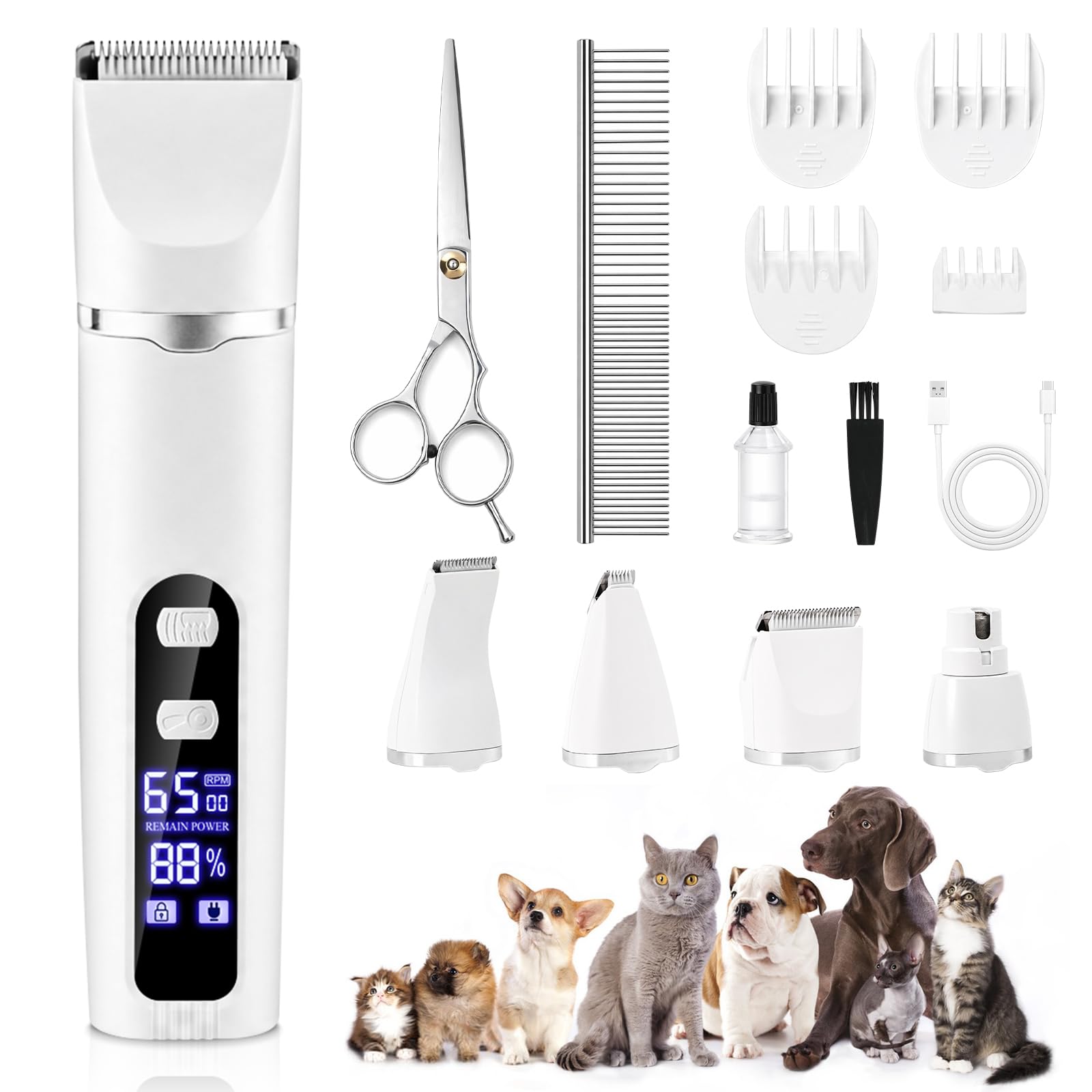 4 en 1 Maquina Cortar Pelo Perros,Cortapelos Perros,Maquina de Cortar pelo Perro,Cortadora pelo perro,con 4 cabezales de corte multifuncionales,Pantalla LCD,para Perros Gatos