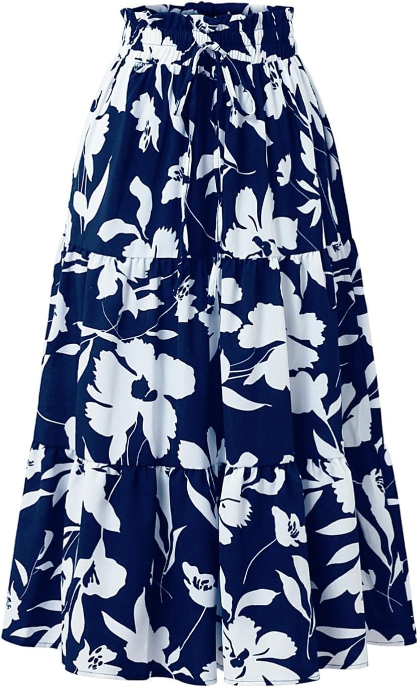Floral Maxi Skirt for Women Summer Comfy Tiered Elastic High Waisted Skirts Vacation A-Line Flowy Swing Long Skirts