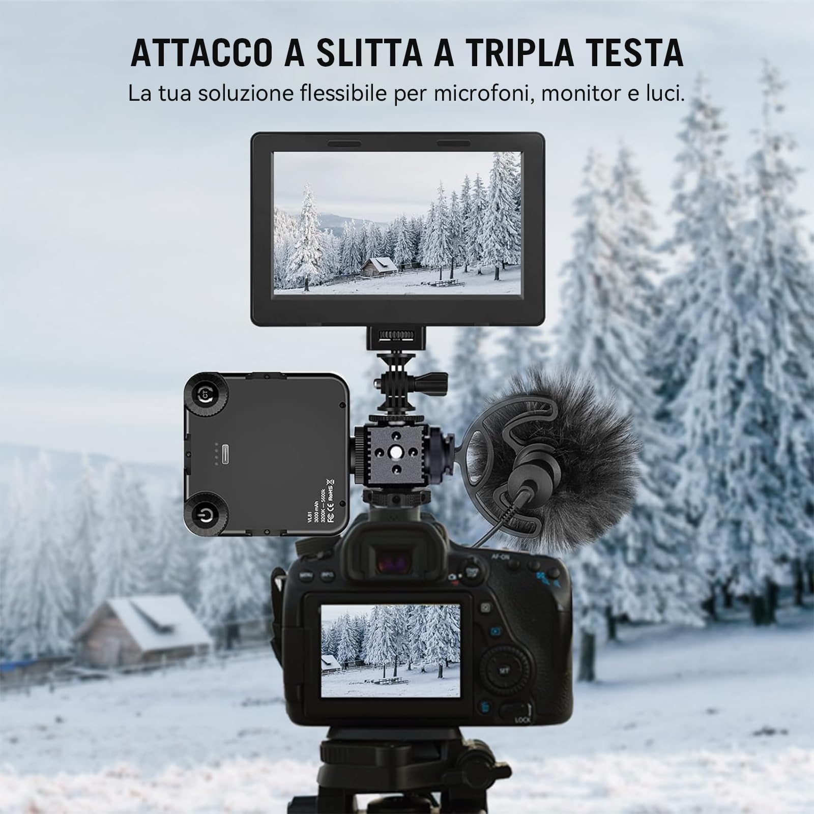 Supporto triplo per slitta fredda con filettatura da 1/4", staffa di estensione hot shoe in alluminio per fotocamera con 3 porte per slitta fredda per monitor con luce video a LED, microfono