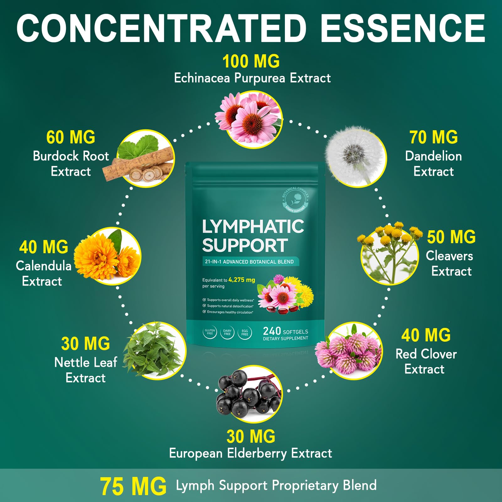 Lymphdrainage Lymphatic Drainage Supplement 4275mg 21 IN 1 Lymph System Support Lymph Cleanse Detox Reduce Swelling and Cleanse Lymph No Gluten 240 Softgel