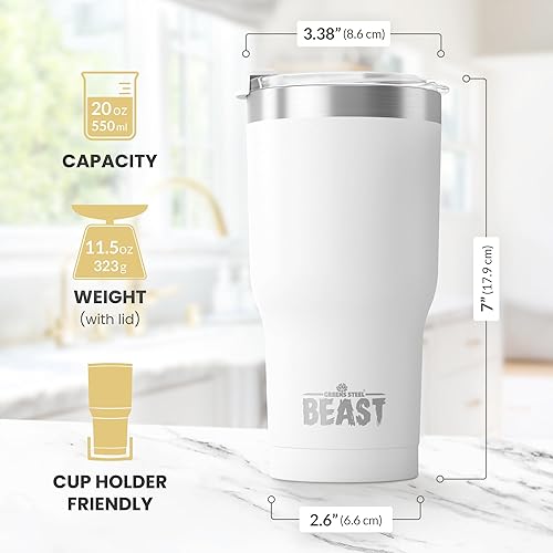 Miniatura 7 de Greens Steel Beast - Vaso de acero inoxidable con aislamiento al vacío para café, taza de hielo, termo de viaje de doble pared, 20 onzas (blanco