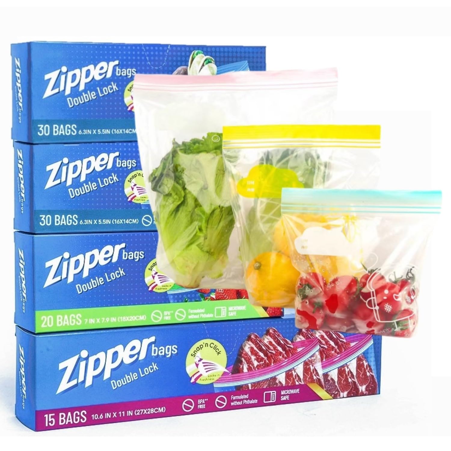 Kaheign 3 Size 80Pcs Food Storage Freezer Bags, Double Seal Zip Lock Bag Reusable Sandwich Bag Heavy Duty Widen Bottom Food Bags For Fruits Veggies Meat Soups Snacks