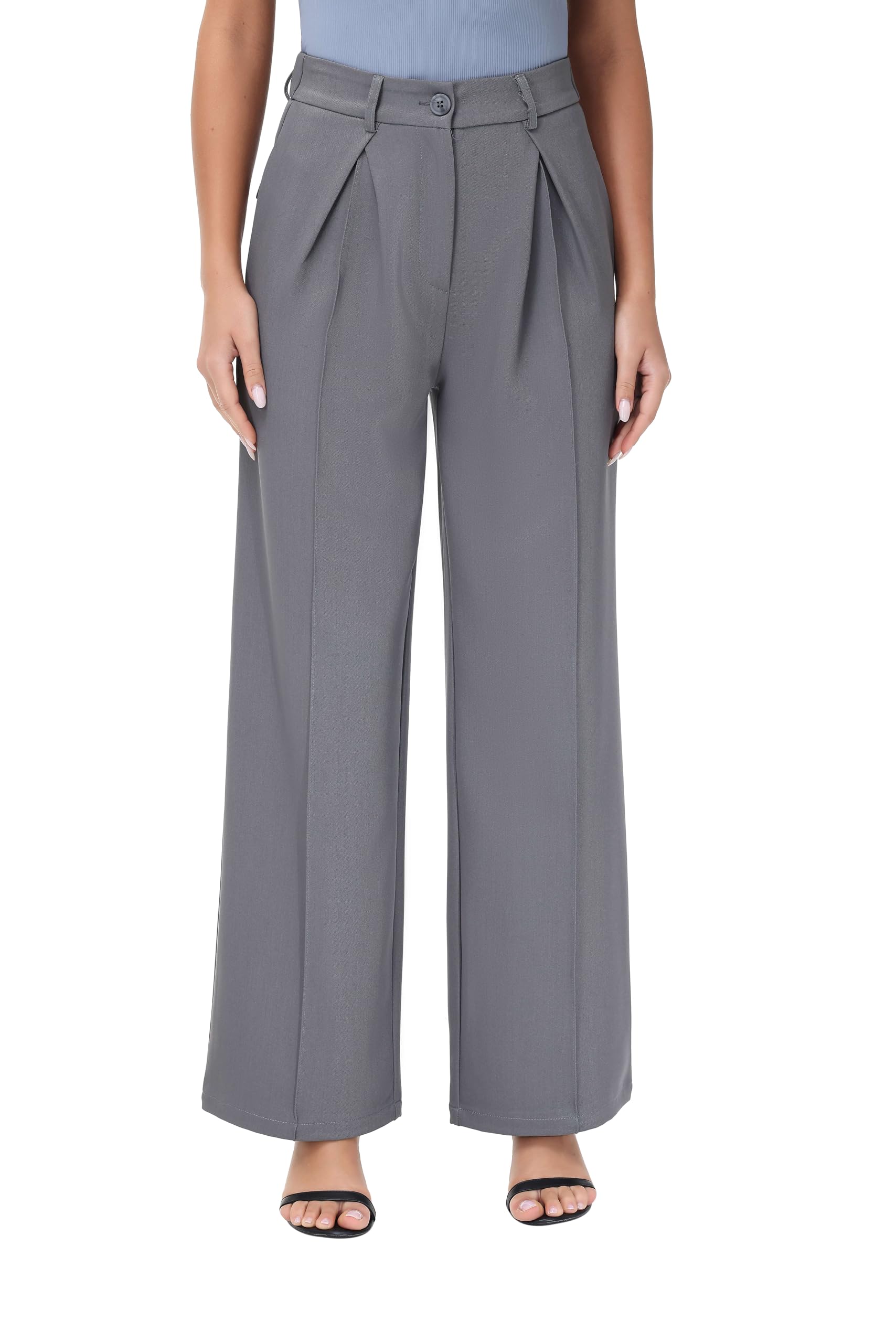 Women Wide Leg High Waisted Flowy Dress Pants Workout Casual Trousers Grey
