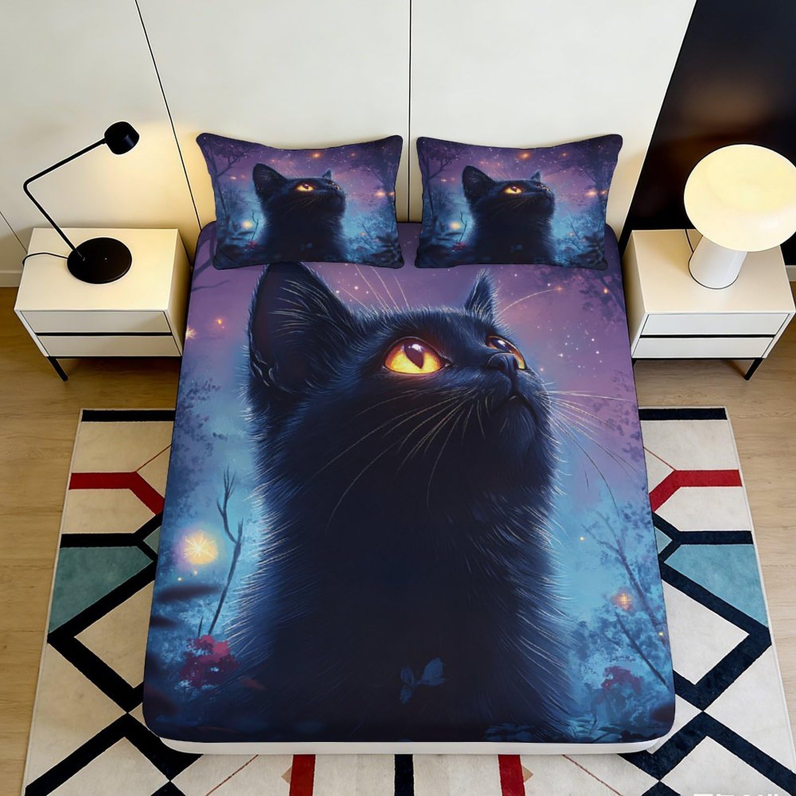 3D Printed Starry Cat Fitted Sheet Microfiber Soft Dark Night Forest Mattress Cover for Bedroom Dorm Decor 120x200x25cm