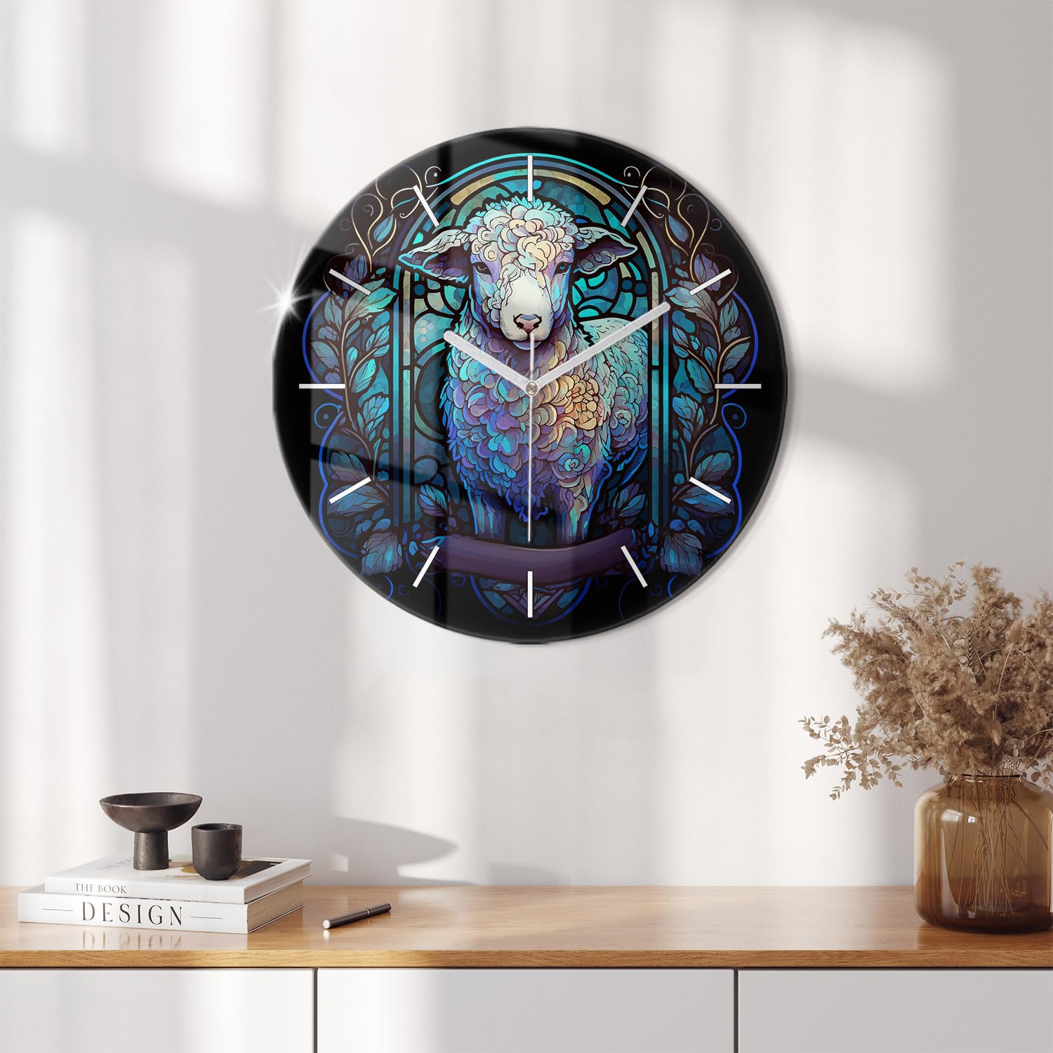 Sacroarte 60cm Orologio da parete In vetro Orologio lancette bianche - Vetrata con le pecore di Dio
