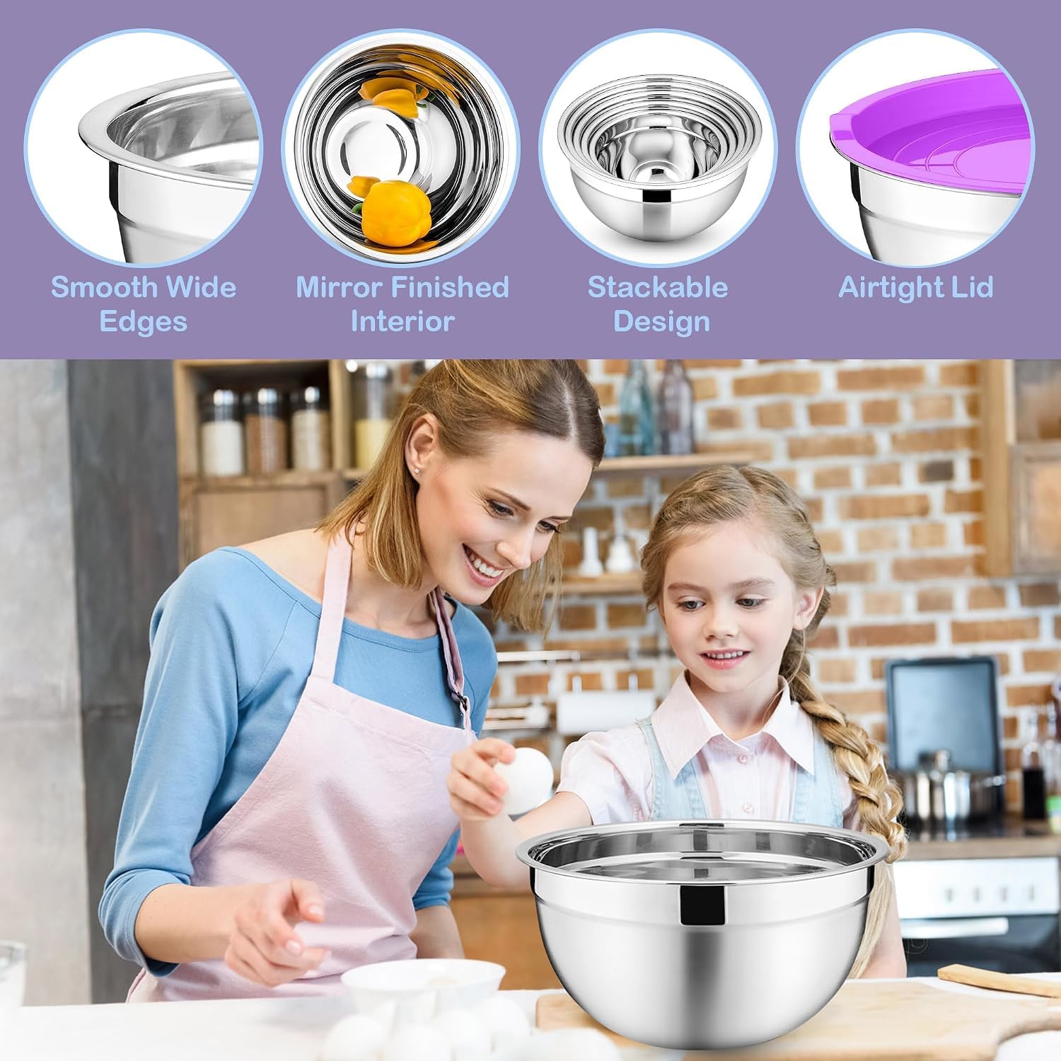 Joyfair Juego de 5 cuencos para mezclar, ensalada anidable de acero inoxidable con tapas herméticas, 3 accesorios de rallador y juego de almacenamiento de metal para hornear y preparar mezclas, tamaño
