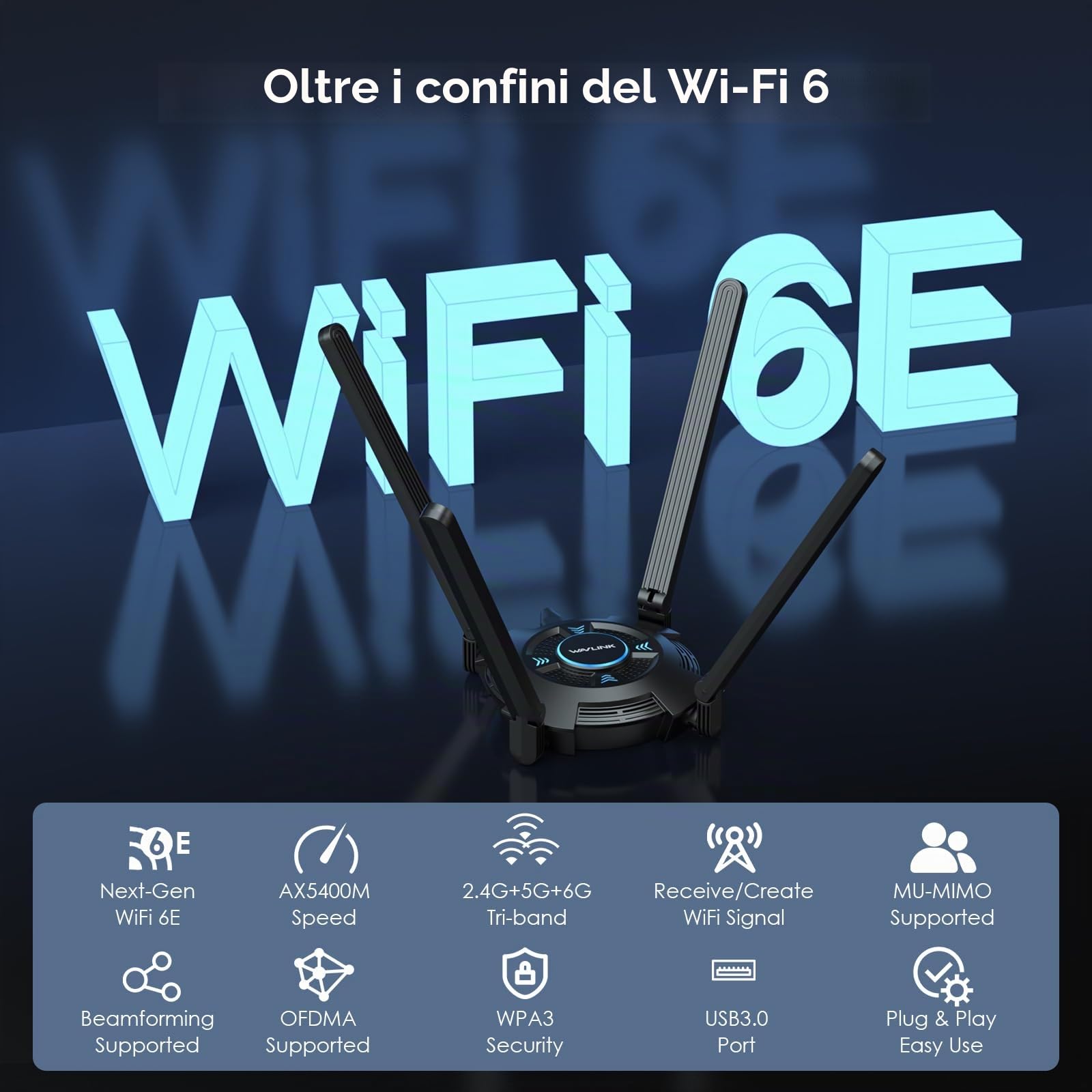 WAVLINK Adattatore WiFi 6E Potente AX5400, Scheda di Rete Wireless con 2,4/5/6GHz, Driver Integrato, 4 Antenne da 5dBi, Windows 11/10