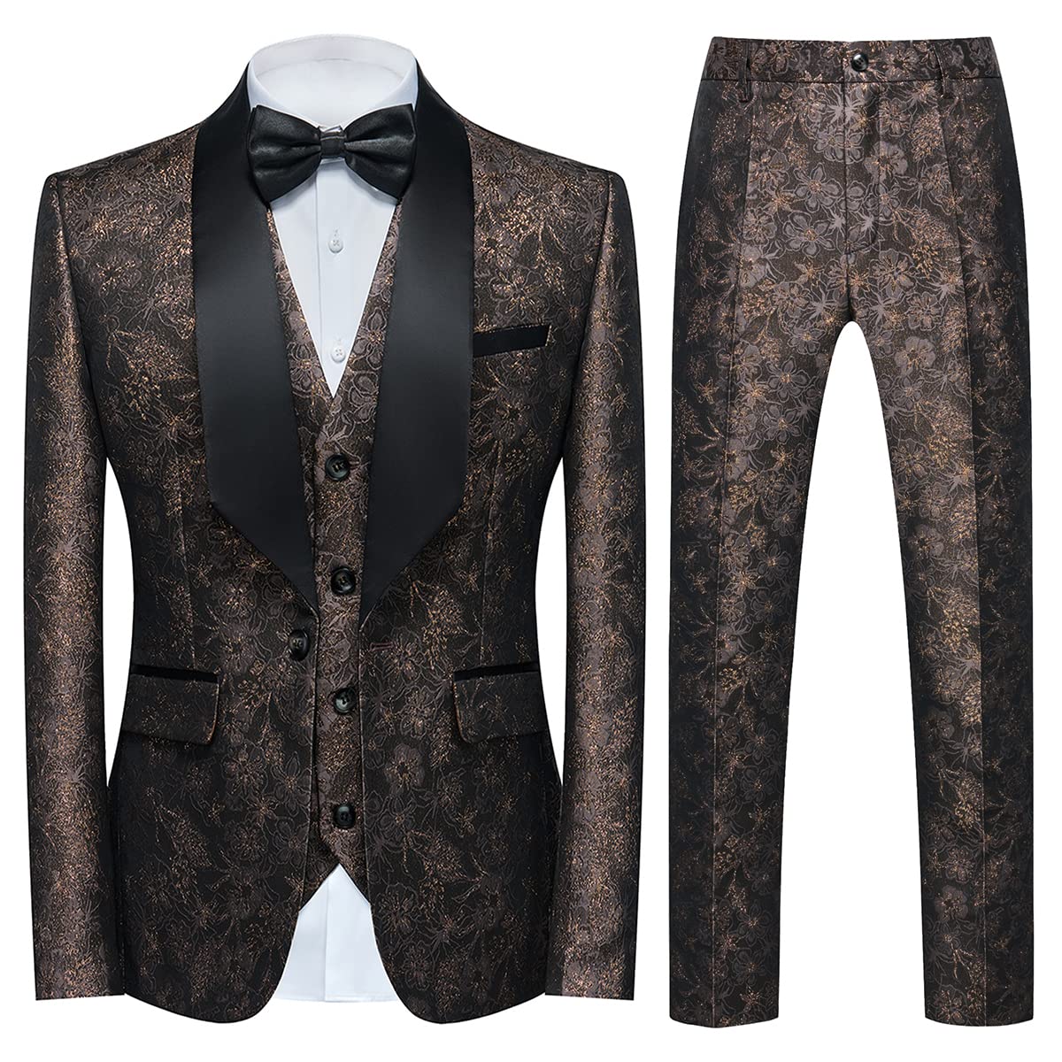 Tuxedo Suits for Men 3 Piece Regular Fit Suit Floral Pattern Blazer Jacket Waistcoat Pants Men Suit Set for Wedding