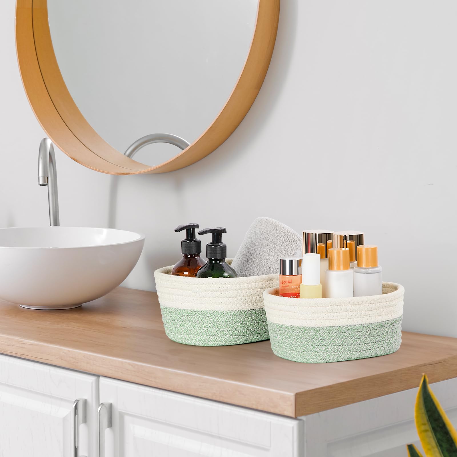 Juego de 5 Cestas Almacenaje de Cuerda de Algodón, Cestas Organizadoras Baño, Cesta Juguetes Bebe, Cesto Toallas Baño, Cajas Almacenaje Decorativas, Blanco & Verde
