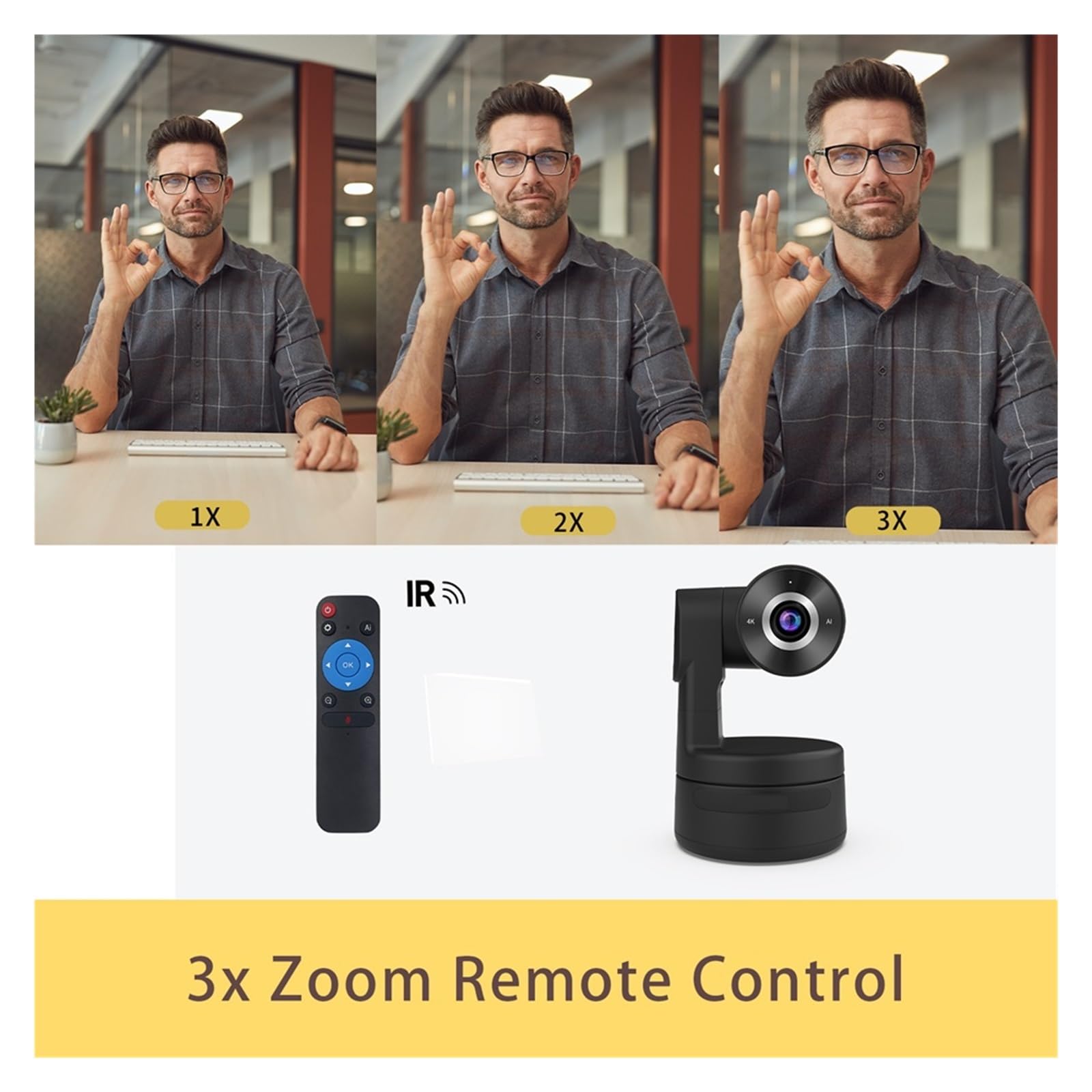Webcam, Messa a fuoco automatica 4K Webcam PTZ alimentata da AI Controllo remoto Videocamera Live Stream Zoom 3X Tracciamento automatico Videocamera for riunioni online
