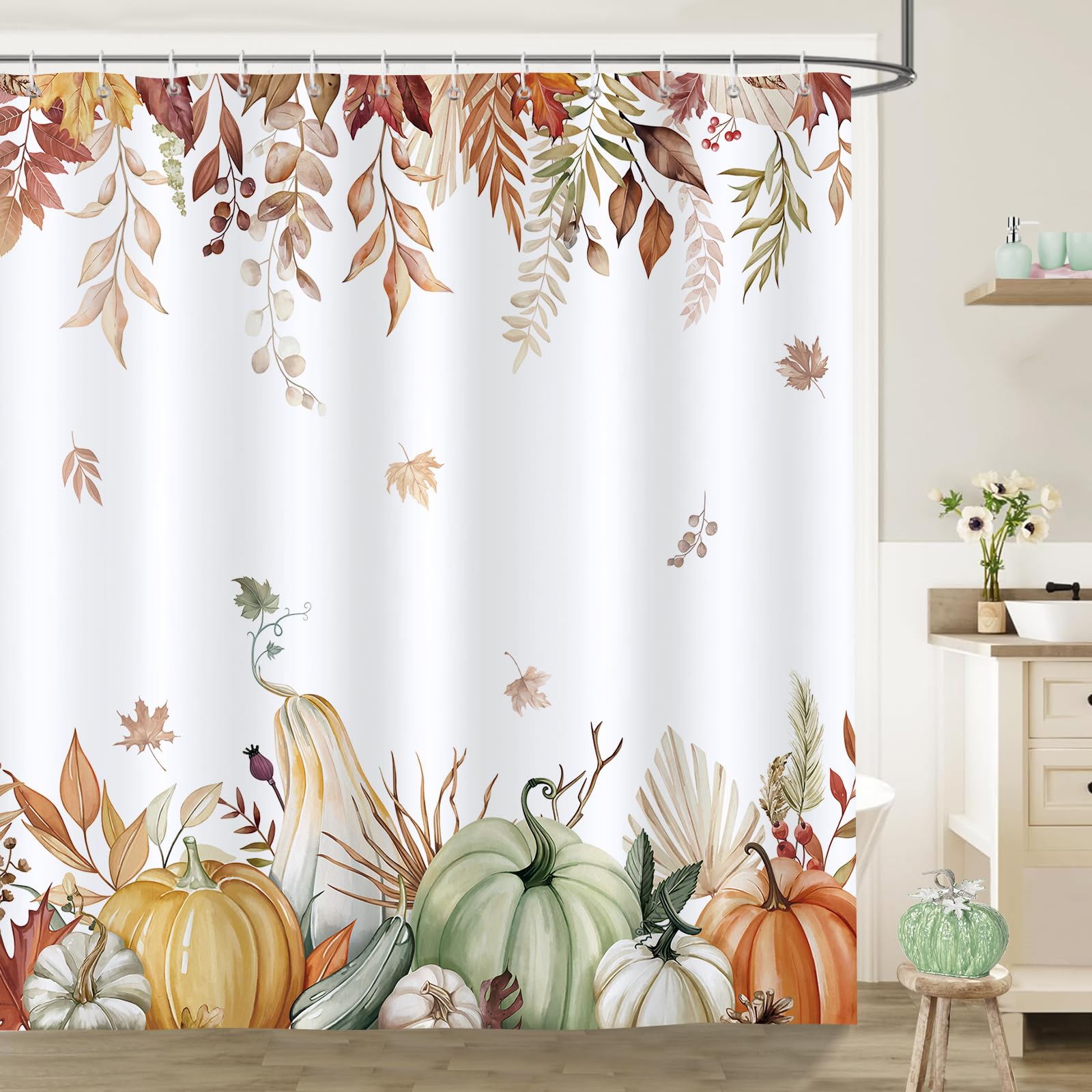 Bonhause Fall Pumpkins Shower Curtain, Autumn Leaves Thanksgiving Harvest Bathroom Curtain 72x72 Inch Polyester Fabric Waterproof Bath Curtain with 12