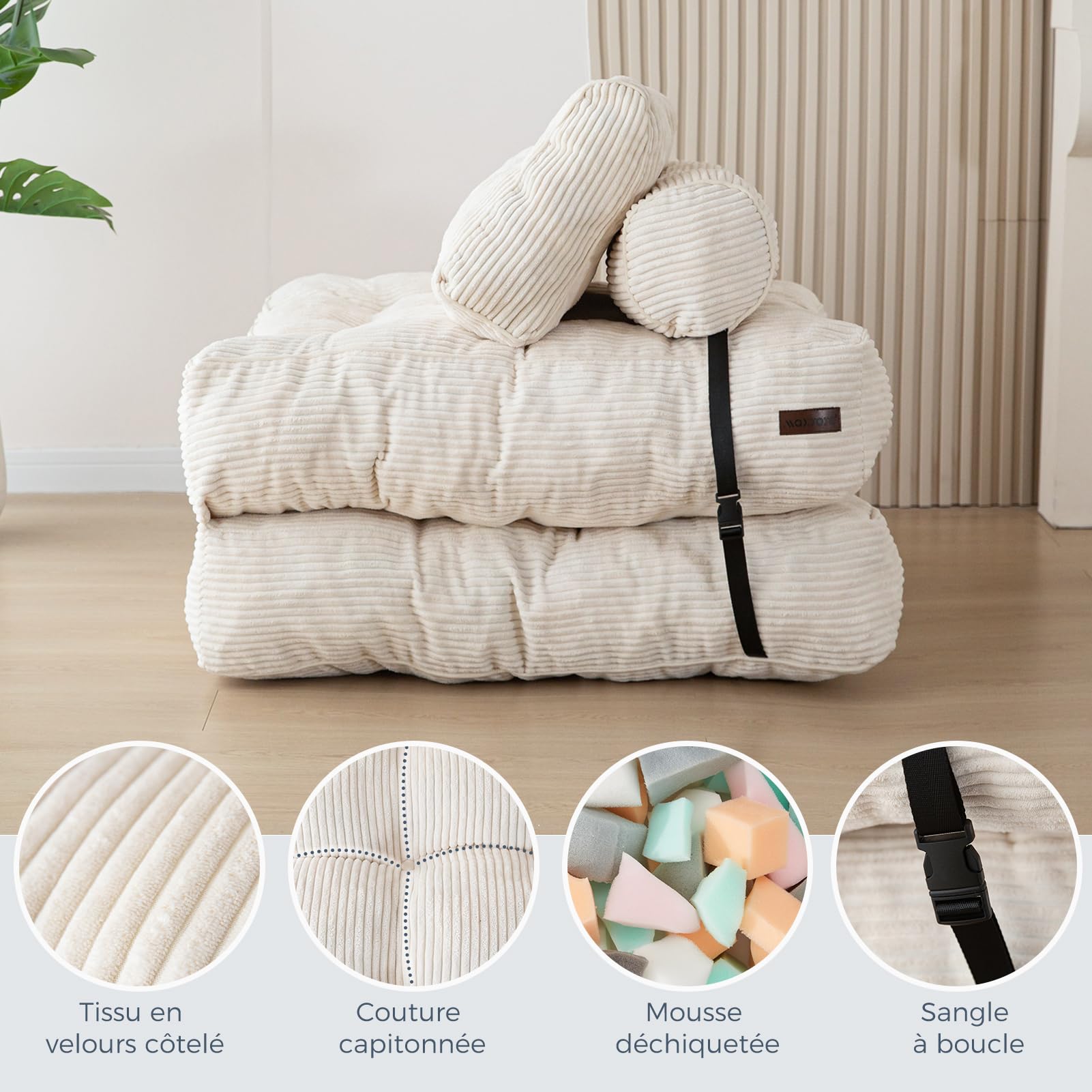 MAXYOYO Canapé-lit pliable et convertible avec oreiller, matelas avec support dorsal, fauteuil-lit portable et confortable pour salon, chambre à coucher, beige