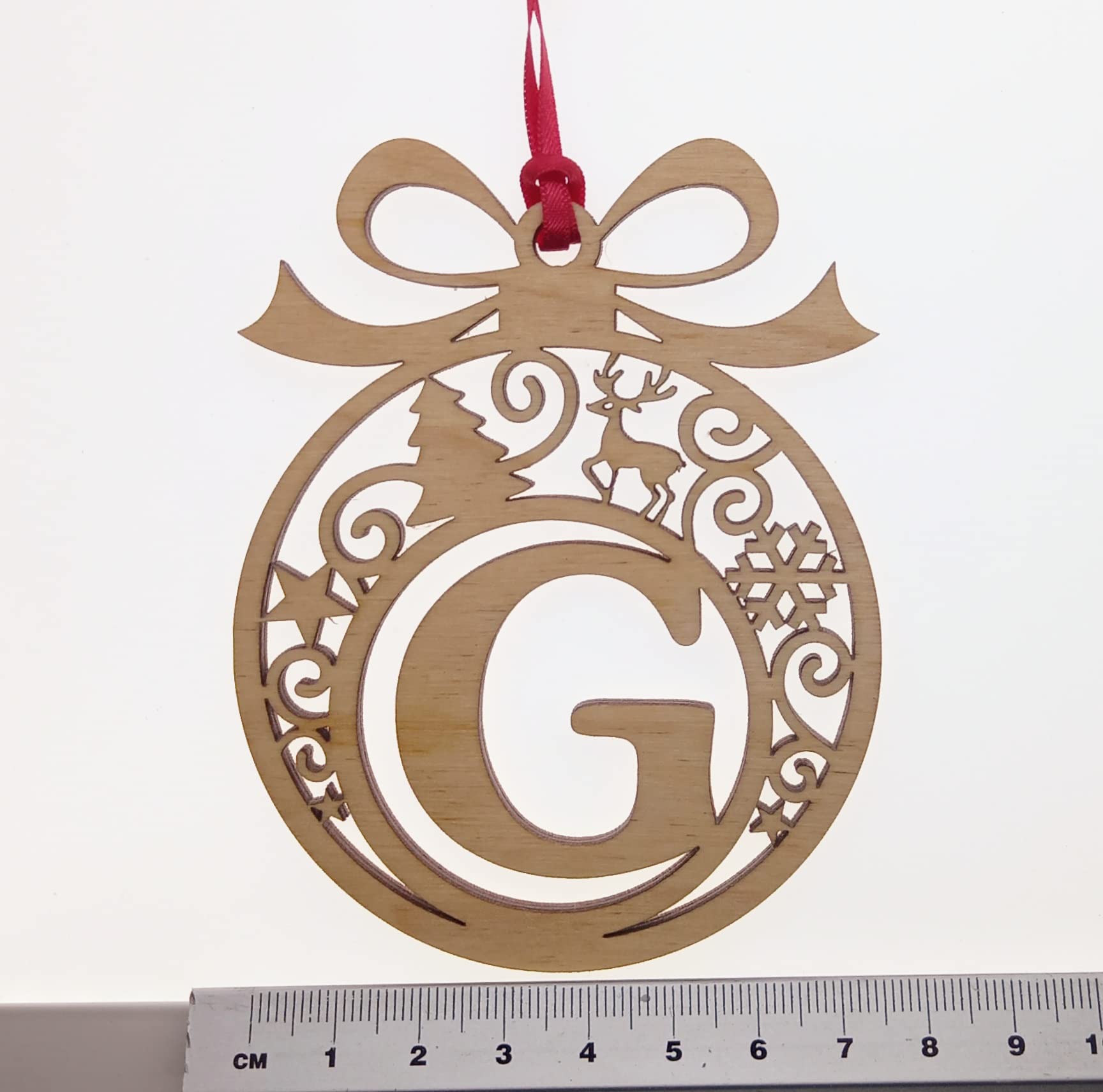 Personalised Christmas tree bauble decoration pendant ornament: Letter G, Natural Wood, Small - Image 2