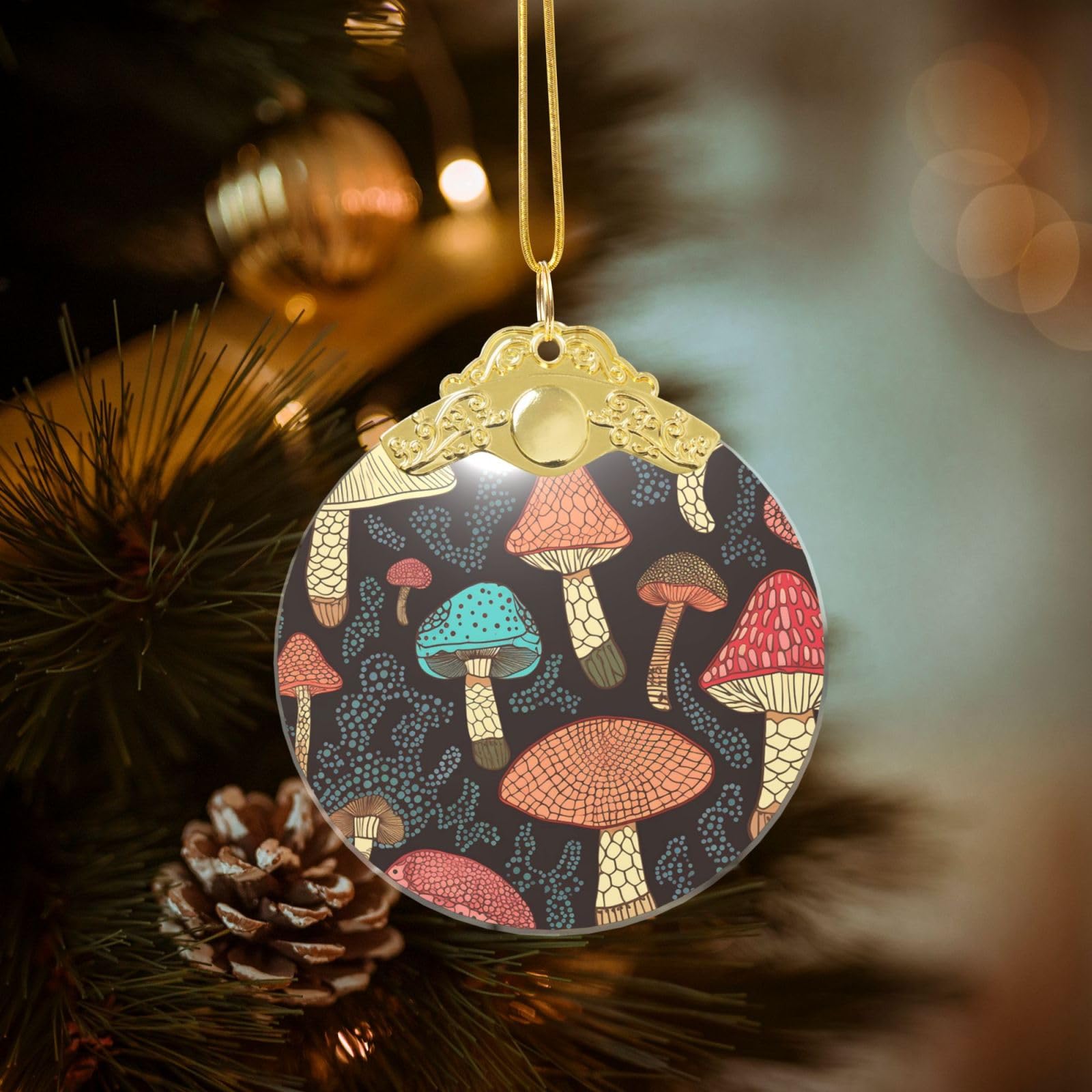 Crystal Christmas Ornaments for Christmas Tree Decoration Hanging Mushroom Ornament with Gold Ribbon Crafts Round Pendant for Keepsake Gifts Glass Xmas Decor Party Supplies
