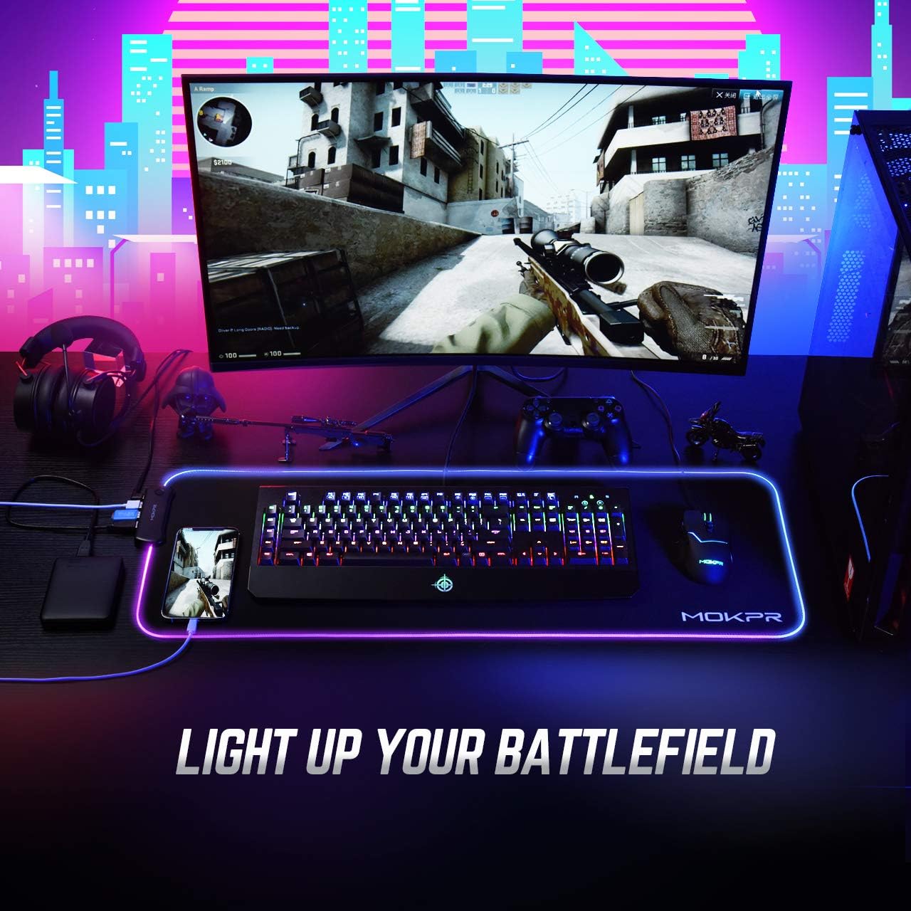 RGB Gaming Mouse Pad with 4-Port USB Hub, LED Soft Extended Large Size Mousepad, 16 Color 3 Brightness Mouse Mat, Non-Slip Rubber Base for Desk Laptop Computer PC Games (31.5×11.8x0.16in)