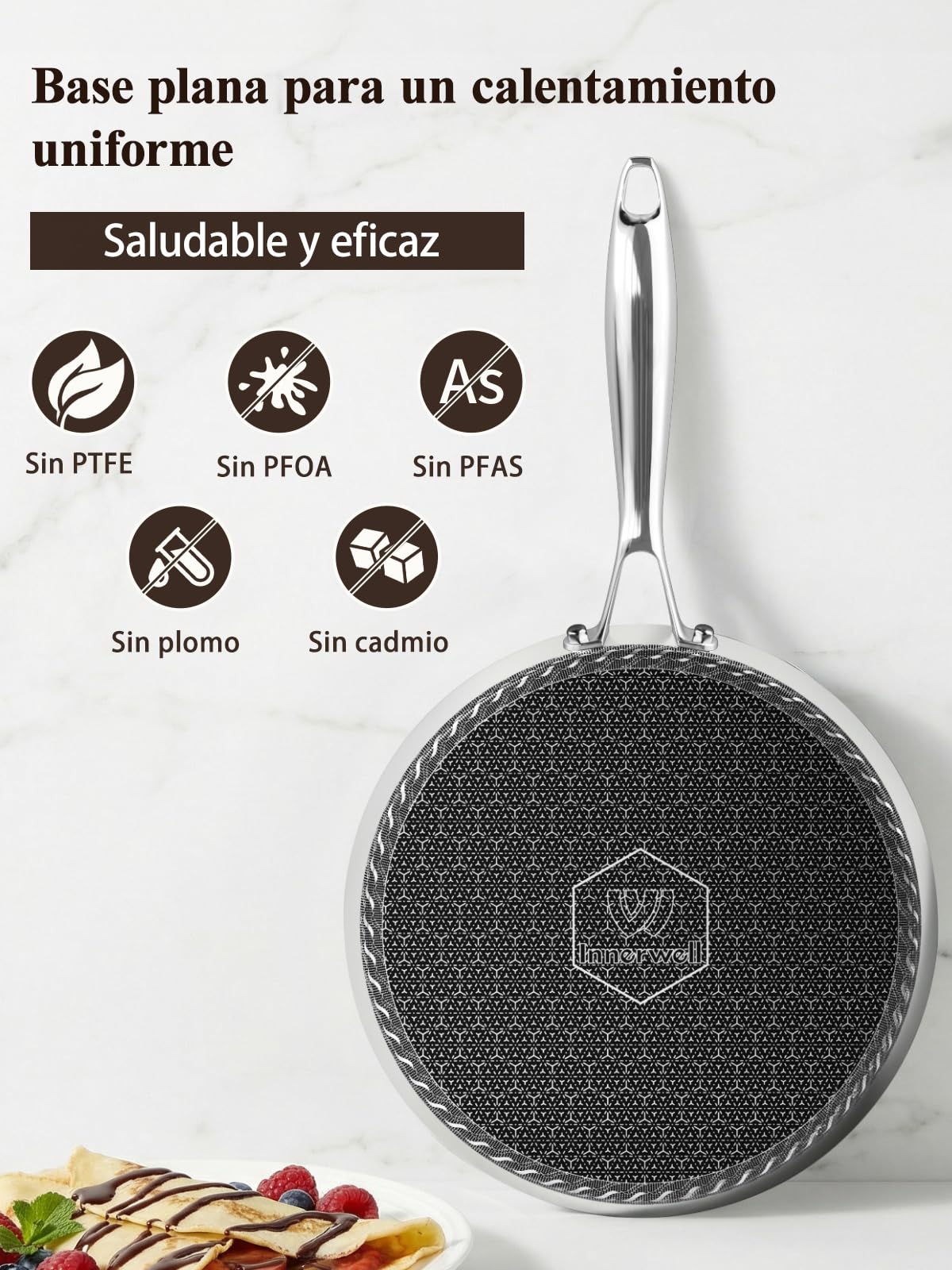 Innerwell Sartén para Crepes de 26 cm de Acero Inoxidable, Antiadherente | Mango de Acero Inoxidable, Apta para Todo Tipo de Cocinas, Incluida la Inducción, Apta para Lavavajillas y Horno, sin PFOA