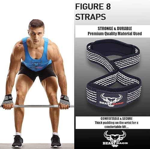 Miniatura 7 de BEAST RAGE Correas de muñeca de levantamiento de pesas de alta resistencia, figura de 8 bucles, levantamiento de pesas, correa de levantamiento de