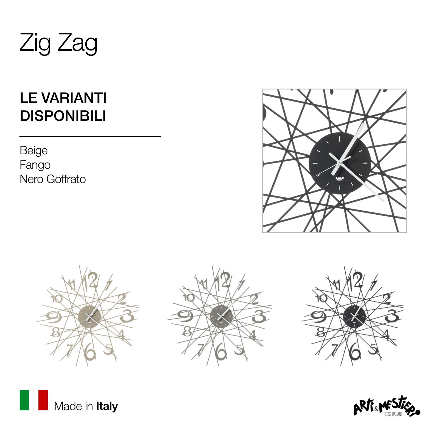 Arti & Mestieri Zig Zag - Orologio da Parete di Design 100% Made in Italy - in Ferro, Diametro 70 cm - Nero Goffrato