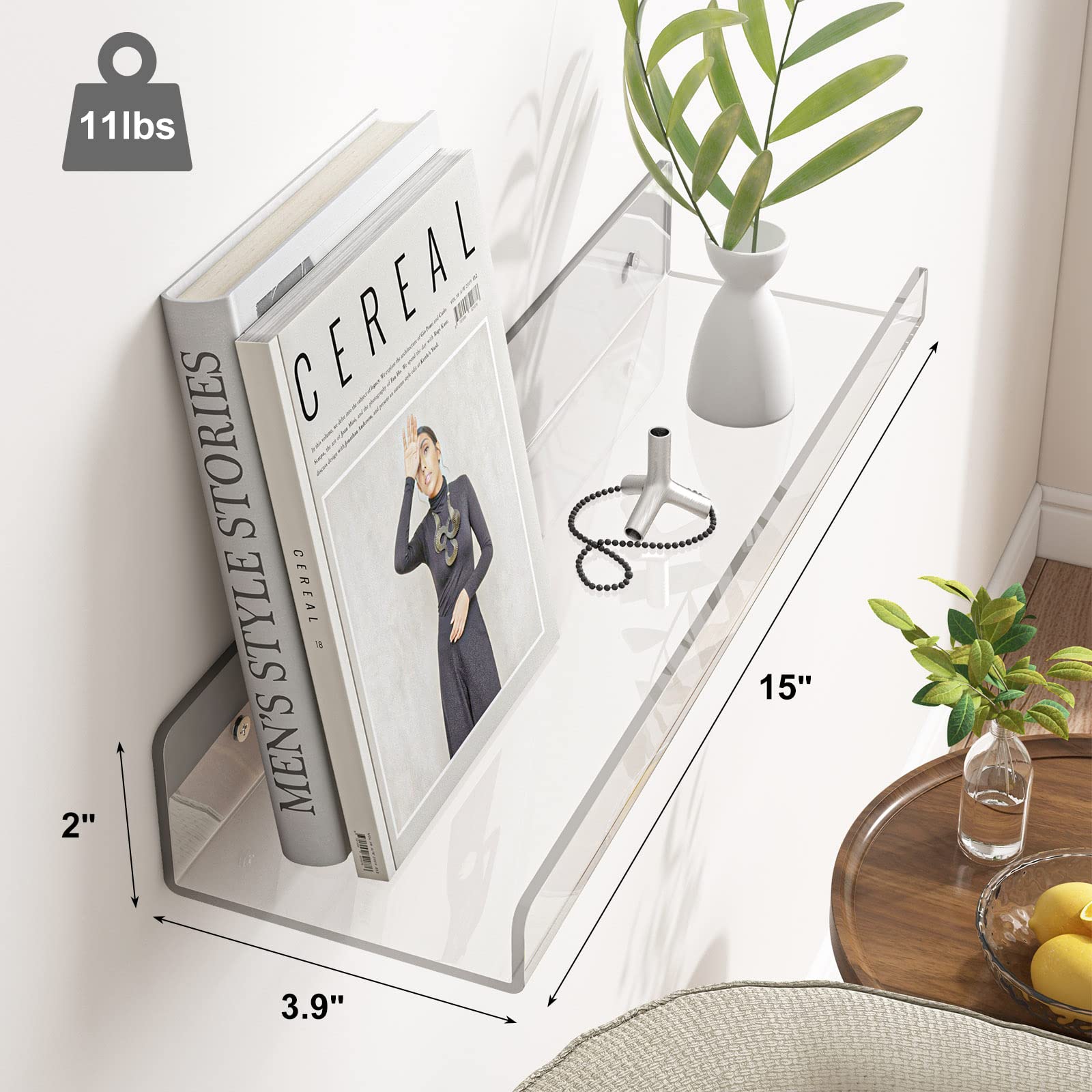 Fixwal Acrylic Shelves, 15 Inch Floating Wall Mounted Shelves, Clear Funko Pop Display Case, Invisible Bookshelf, Wall Decor for Kids and Bathroom Storage, Set of 4