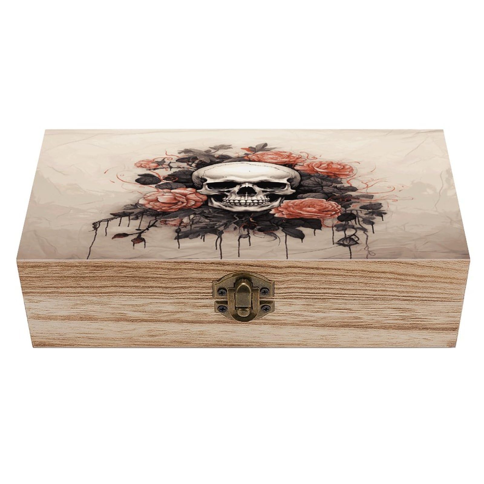 VstaDank Ancient Skull And Flowers Wooden Storage Box Wooden Keepsake Box with A Hinged Lid Fashion Memory Treasure Boxes Decorative Jewelry Case for Crafts Photo Home Decor Wood Gift Box