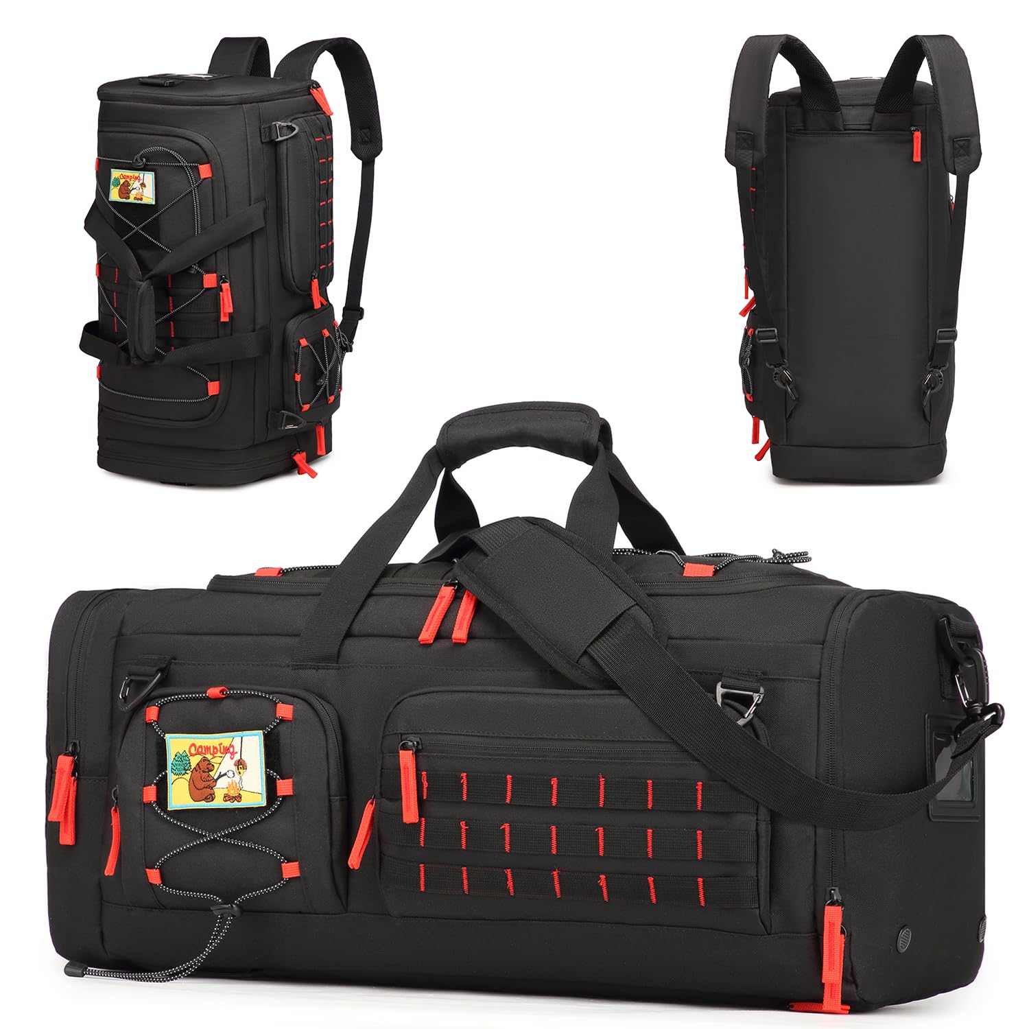 Sac de sport avec fonction sac à dos pour homme et femme 3 en 1 50 l - Grand sac de voyage tactique avec chaussures - Imperméable - Pour natation, alpinisme, voyage, weekend - Noir