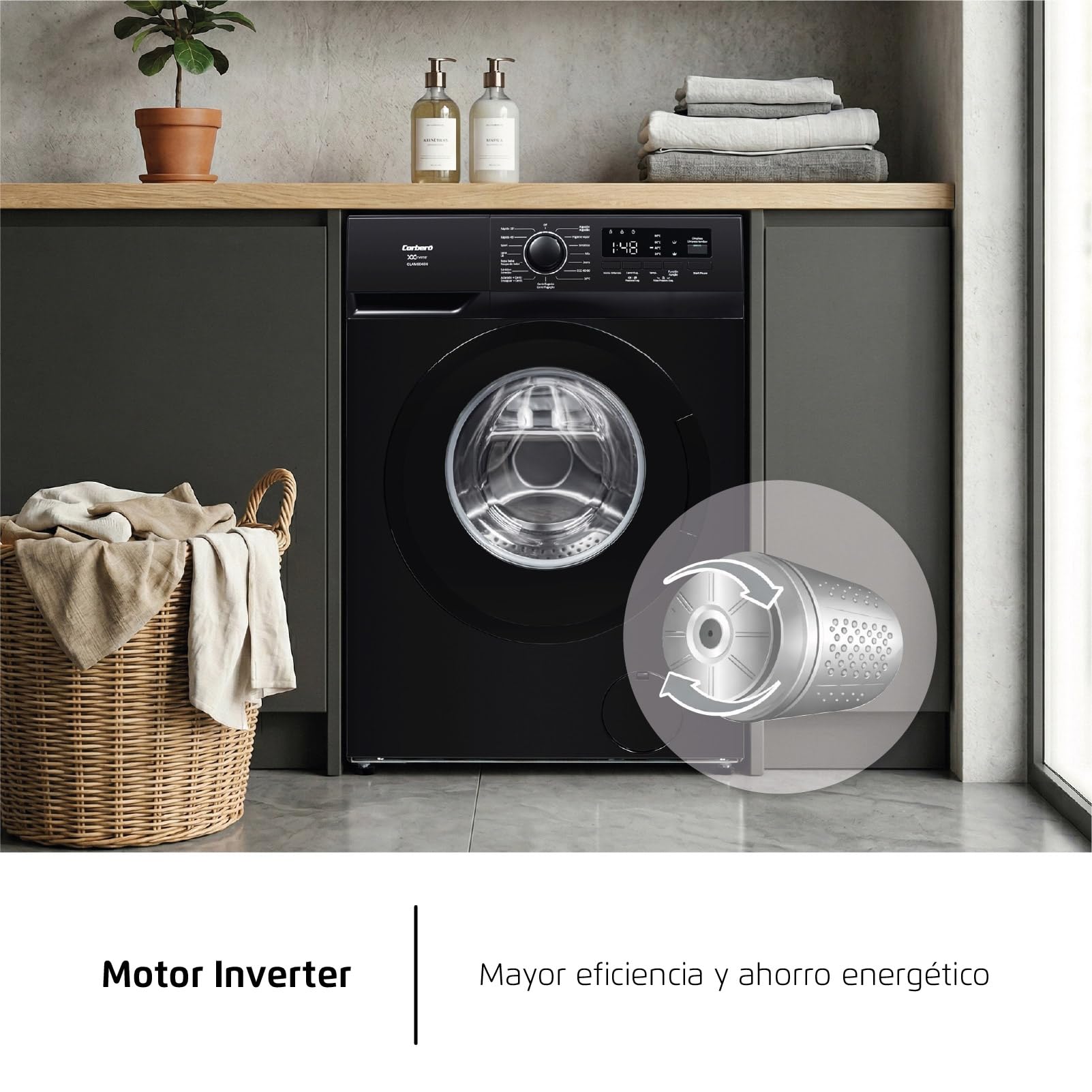 Corberó - Lavadora Premium 9kg | CLAM9046N | 1350 rpm | Motor Inverter | Función Vapor| Función Eco | Incio Diferido | Lavado Rápido 15 min | Display Touch | Negro