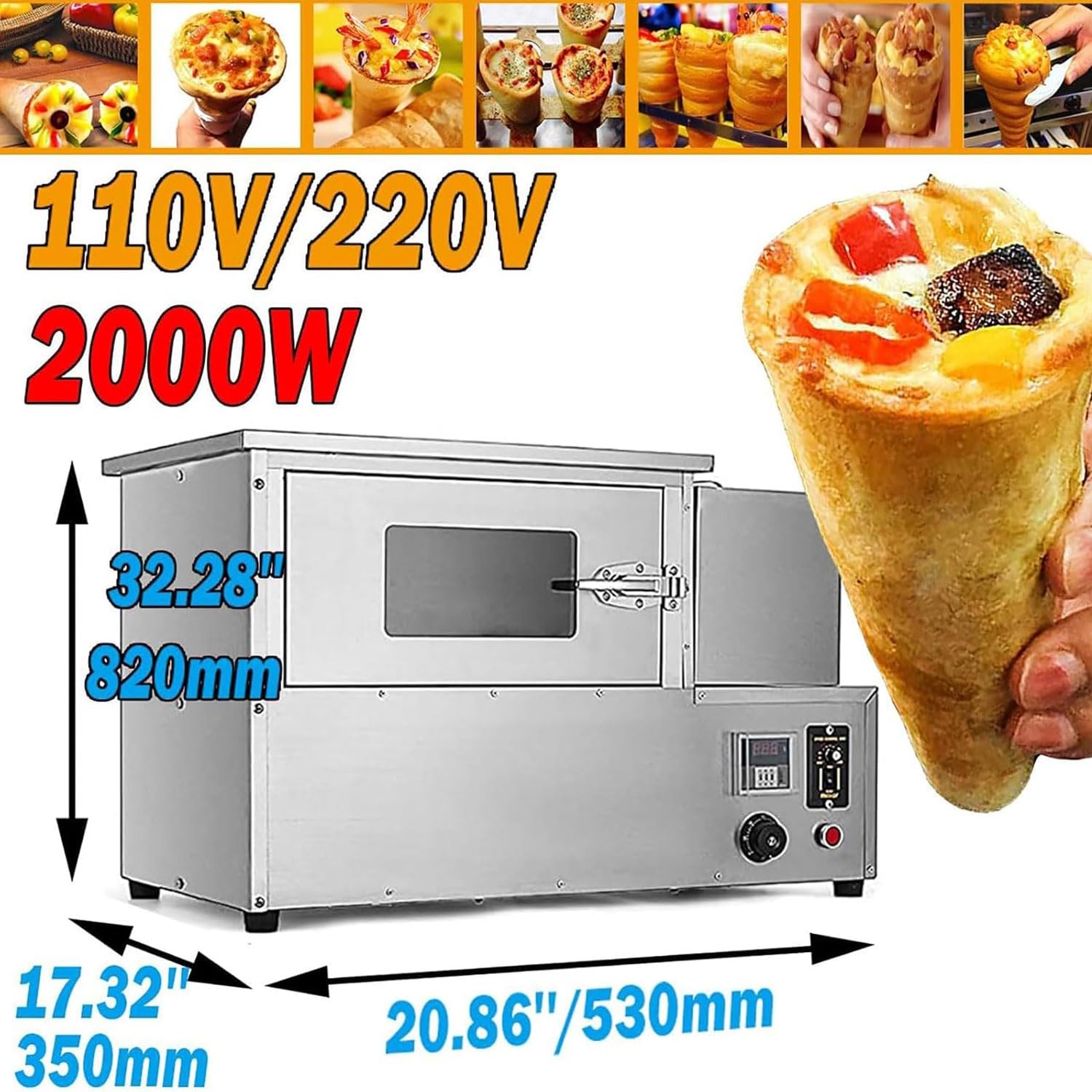 Elektryczny piec do pizzy, 2000W, stal nierdzewna z 3 obrotowymi rusztami, szybki ręczny piec do pizzy dla barów przekąskowych i restauracji fast food