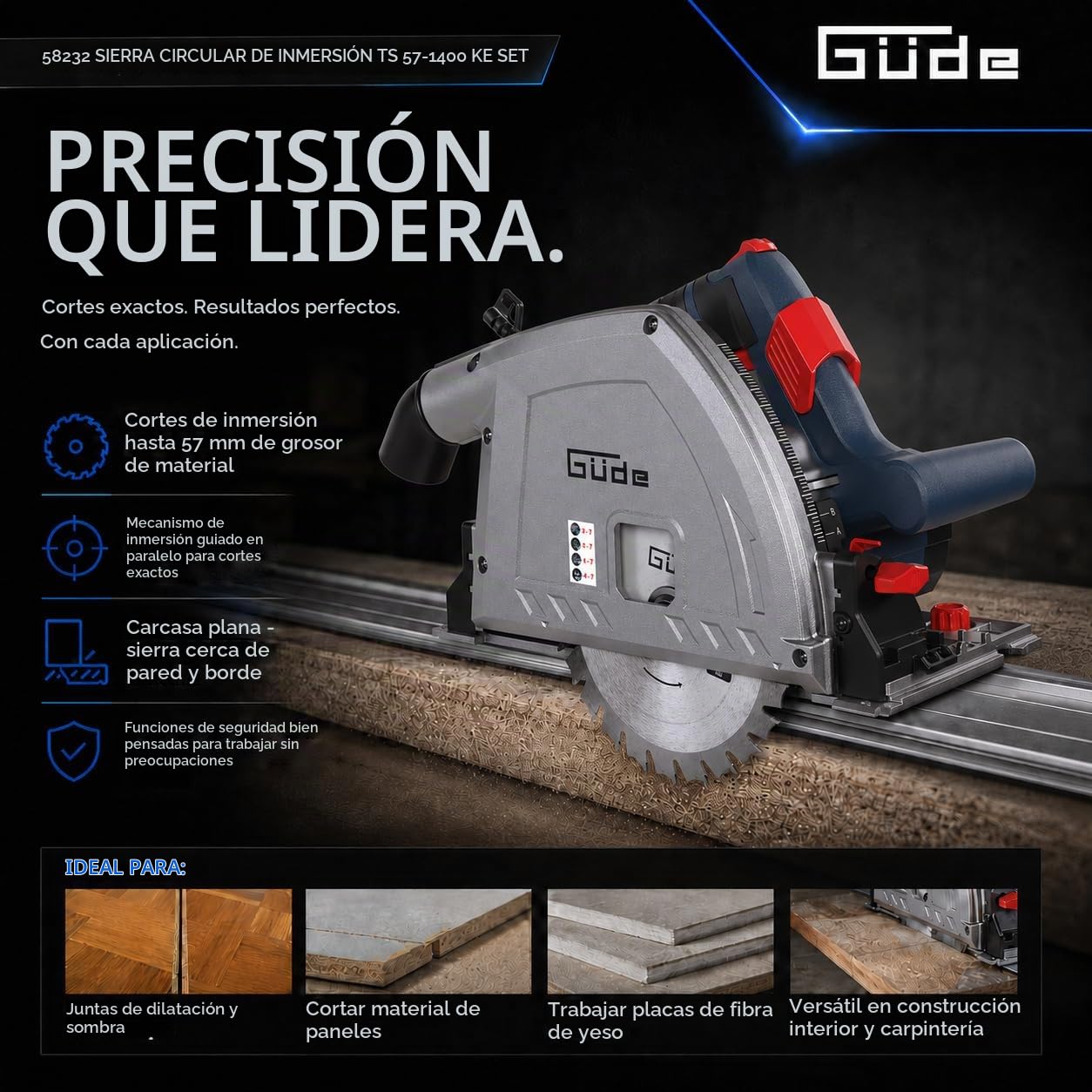 Güde 58232 TS 57-1400 KE - Sierra circular (1400 W, 230 V), color azul y rojo