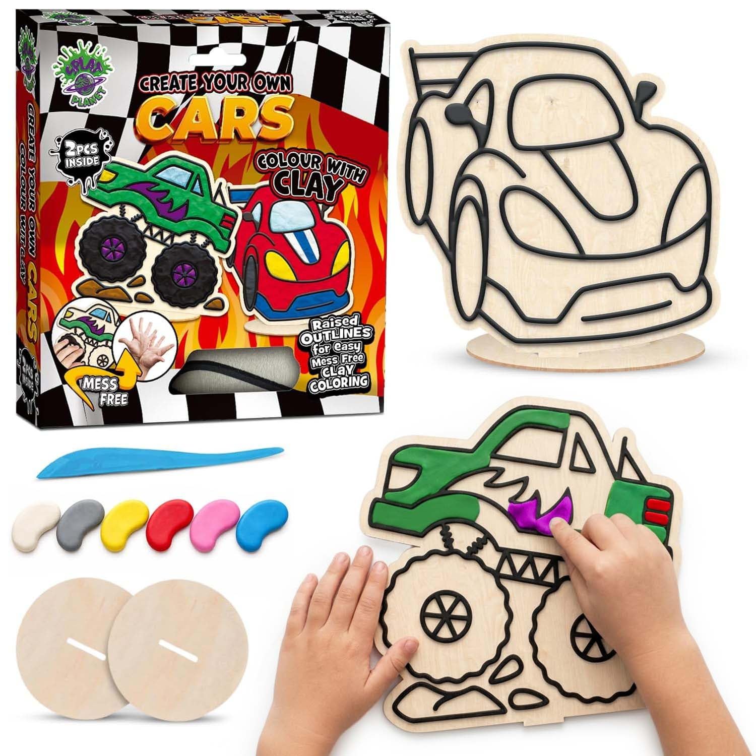 Splat Planet Cars Clay Colouring Kit for Kids – 2 PK DIY 3D Art Craft Kit with Air-Dry Clay, Mess Free Clay Colouring, Creative Kids Arts and Crafts Activity Set, Car Craft Gift. — image 1