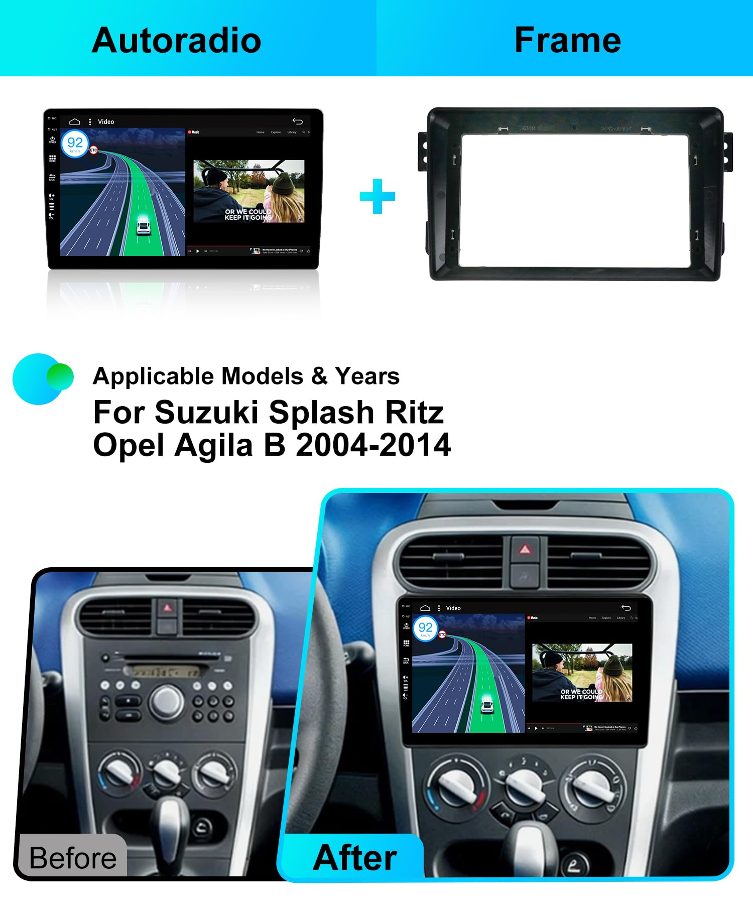 Android 15 IPS radio samochodowe do Suzuki Splash Ritz/Opel Agila 2004-2014 nawigacja GPS Radio - 2G + 64G, bezprzewodowe radio CarPlay Android Auto, kierownica DAB WiFi Bluetooth, 9 cali 2