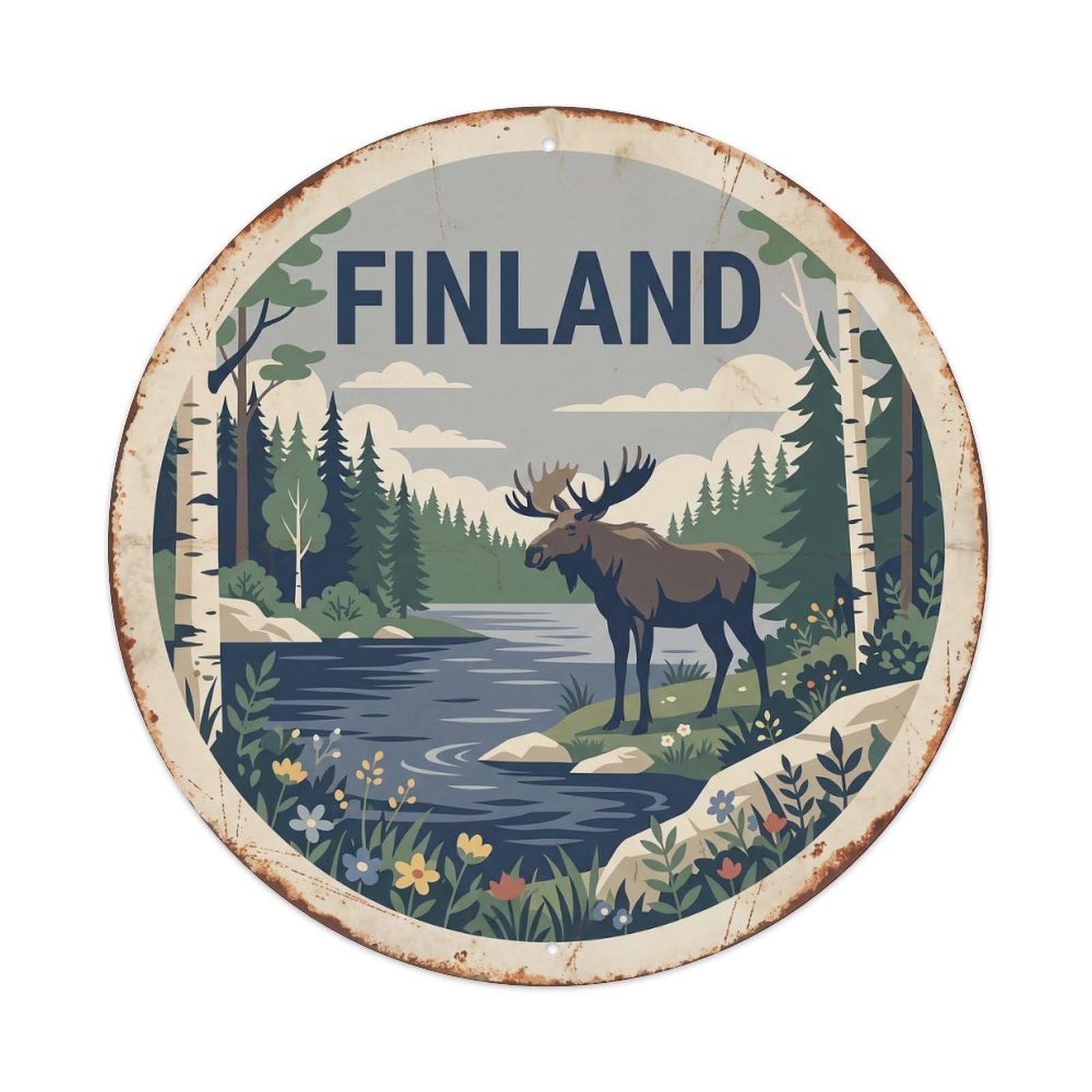 Finland Moose Boreal Forest Lake Metal Tin Sign