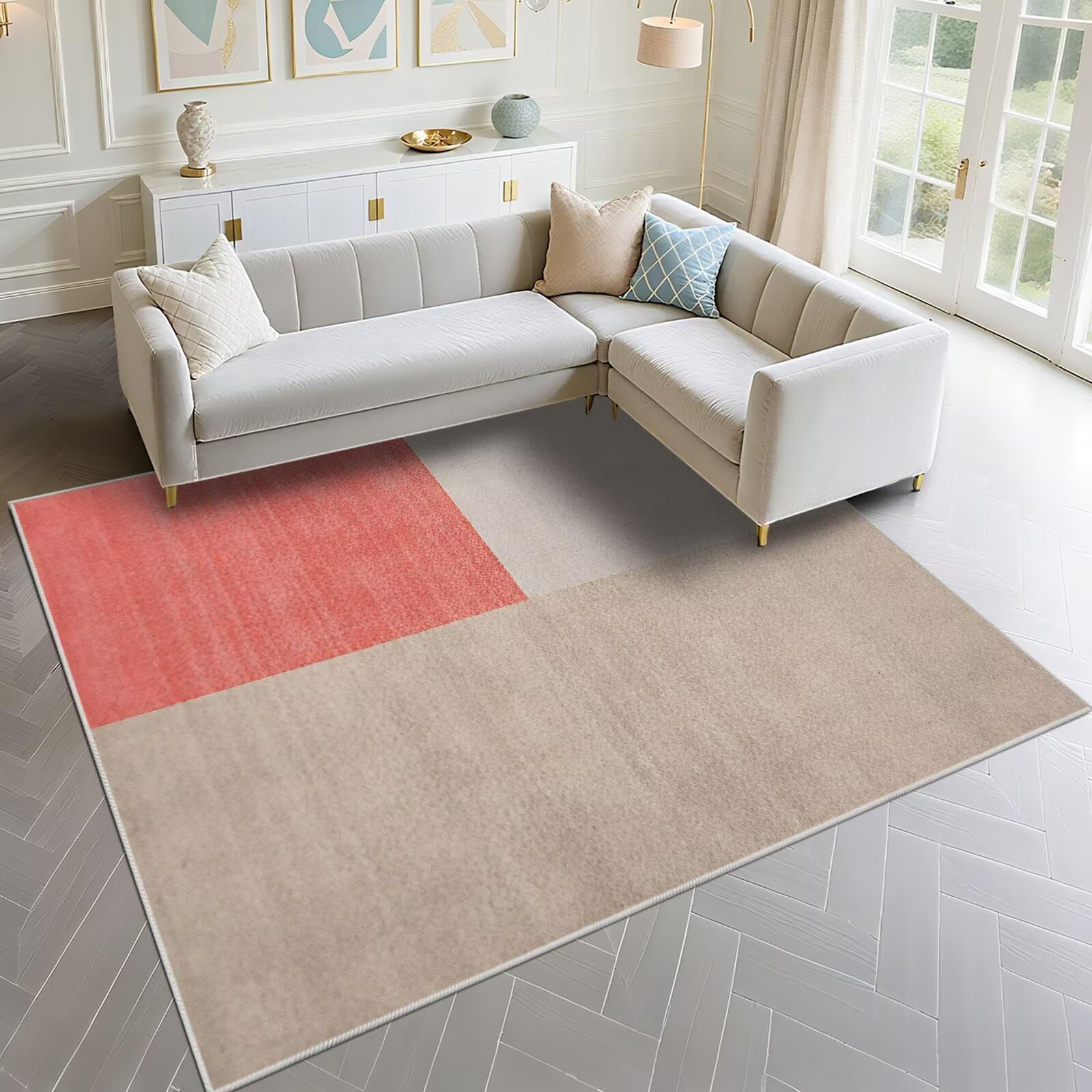 Tapis grande taille 200x290cm kaki rose au design moderne pour salon
