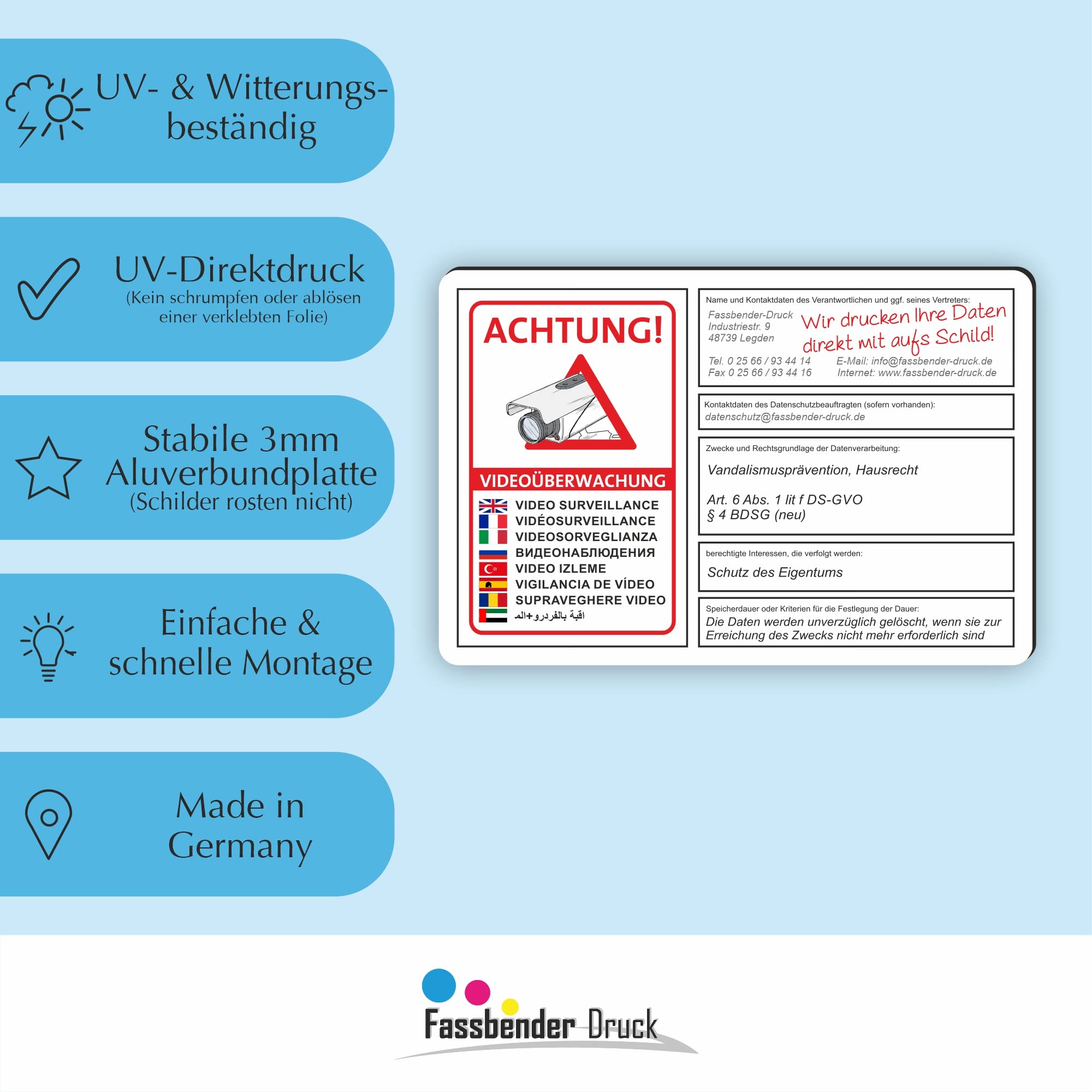 VIDEOÜBERWACHT DSGVO (BDSG) konform personalisiertes Schild zum Markieren eines videoüberwachten Bereiches - Videoüberwachungsschild mit Wunschtext (75x50cm SCHILD)